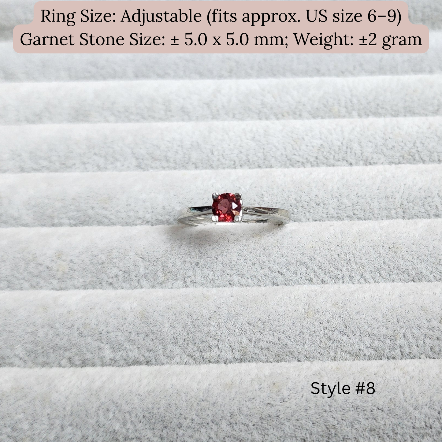 Natural Garnet Adjustable Crystal Ring – Silver Plated Wine Red Gemstone Ring | Energy Jewelry Gift for Women | Cincin Garnet Semula Jadi Boleh Laras