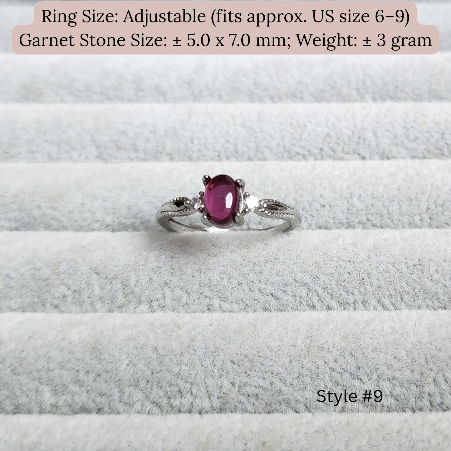 Natural Garnet Adjustable Crystal Ring – Silver Plated Wine Red Gemstone Ring | Energy Jewelry Gift for Women | Cincin Garnet Semula Jadi Boleh Laras