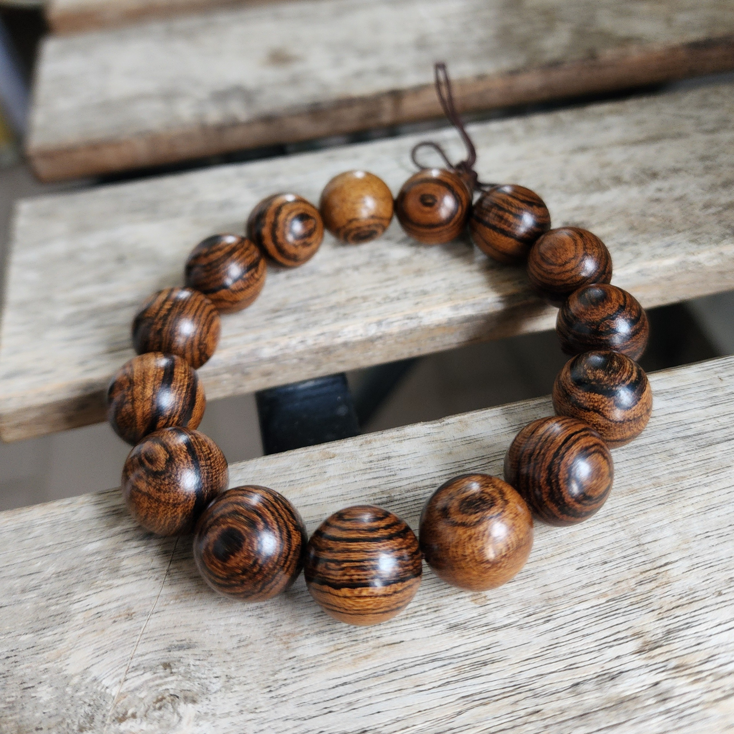 Natural Tiger Grain Sandalwood Bracelet | Tiger Stripe Wooden Beads | Gelang Kayu Corak Harimau Unisex