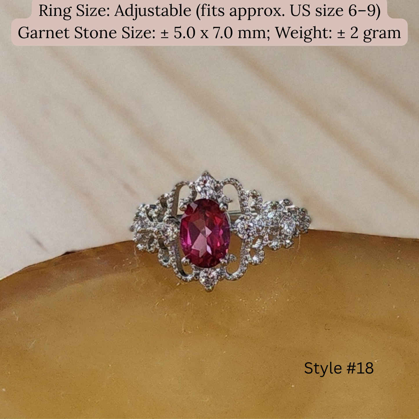 Natural Garnet Adjustable Crystal Ring – Silver Plated Wine Red Gemstone Ring | Energy Jewelry Gift for Women | Cincin Garnet Semula Jadi Boleh Laras