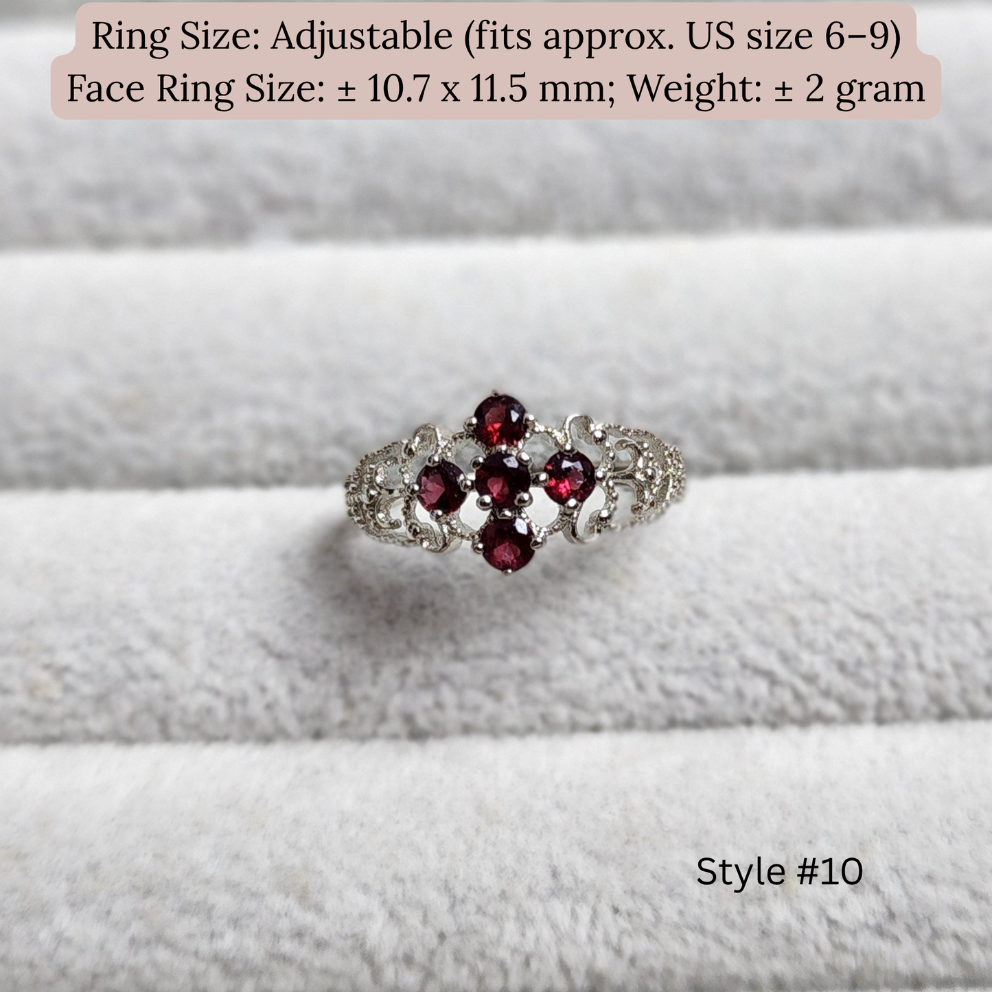 Natural Garnet Adjustable Crystal Ring – Silver Plated Wine Red Gemstone Ring | Energy Jewelry Gift for Women | Cincin Garnet Semula Jadi Boleh Laras