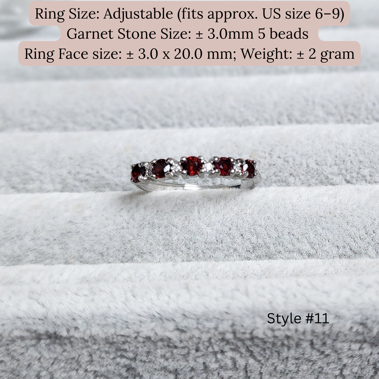 Natural Garnet Adjustable Crystal Ring – Silver Plated Wine Red Gemstone Ring | Energy Jewelry Gift for Women | Cincin Garnet Semula Jadi Boleh Laras