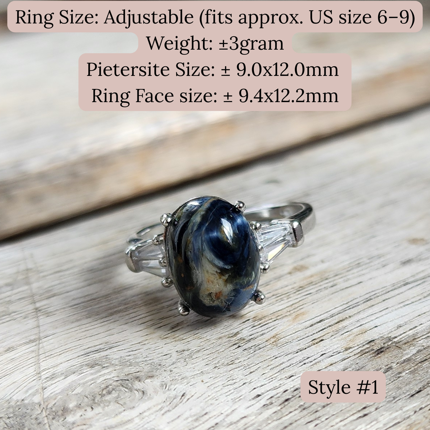 Natural Pietersite adjustable ring with blue-gold storm patterns. Silver-plated design, bold yet elegant statement jewelry | Cincin Pietersite semula jadi boleh laras dengan corak ribut biru keemasan. Reka bentuk bersadur perak, elegan dan moden.