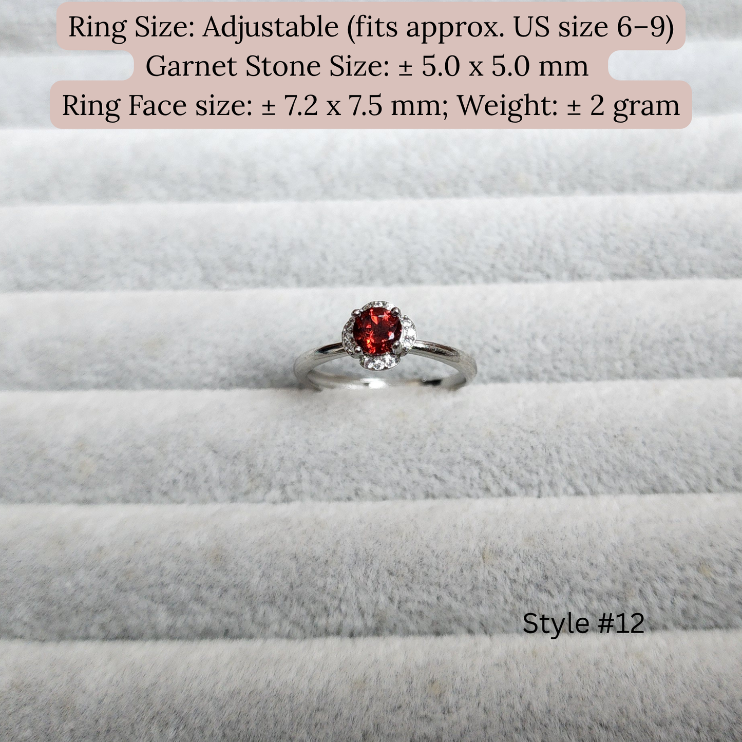 Natural Garnet Adjustable Crystal Ring – Silver Plated Wine Red Gemstone Ring | Energy Jewelry Gift for Women | Cincin Garnet Semula Jadi Boleh Laras