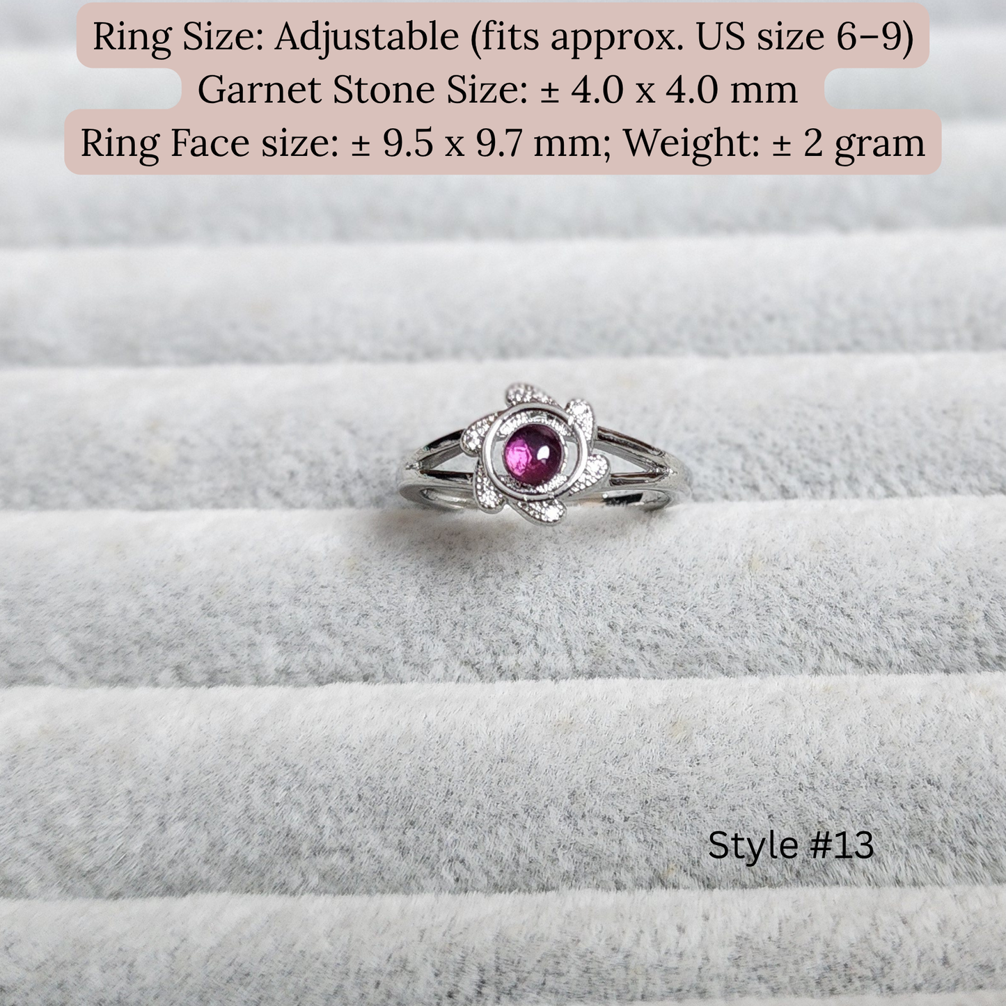 Natural Garnet Adjustable Crystal Ring – Silver Plated Wine Red Gemstone Ring | Energy Jewelry Gift for Women | Cincin Garnet Semula Jadi Boleh Laras