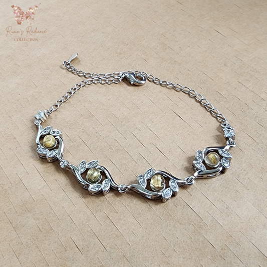 Yellow Rutilated Quartz Floral Bracelet – Adjustable Silver Charm | Gelang Kristal Rutil Kuning Bunga Elegan Hadiah Istimewa