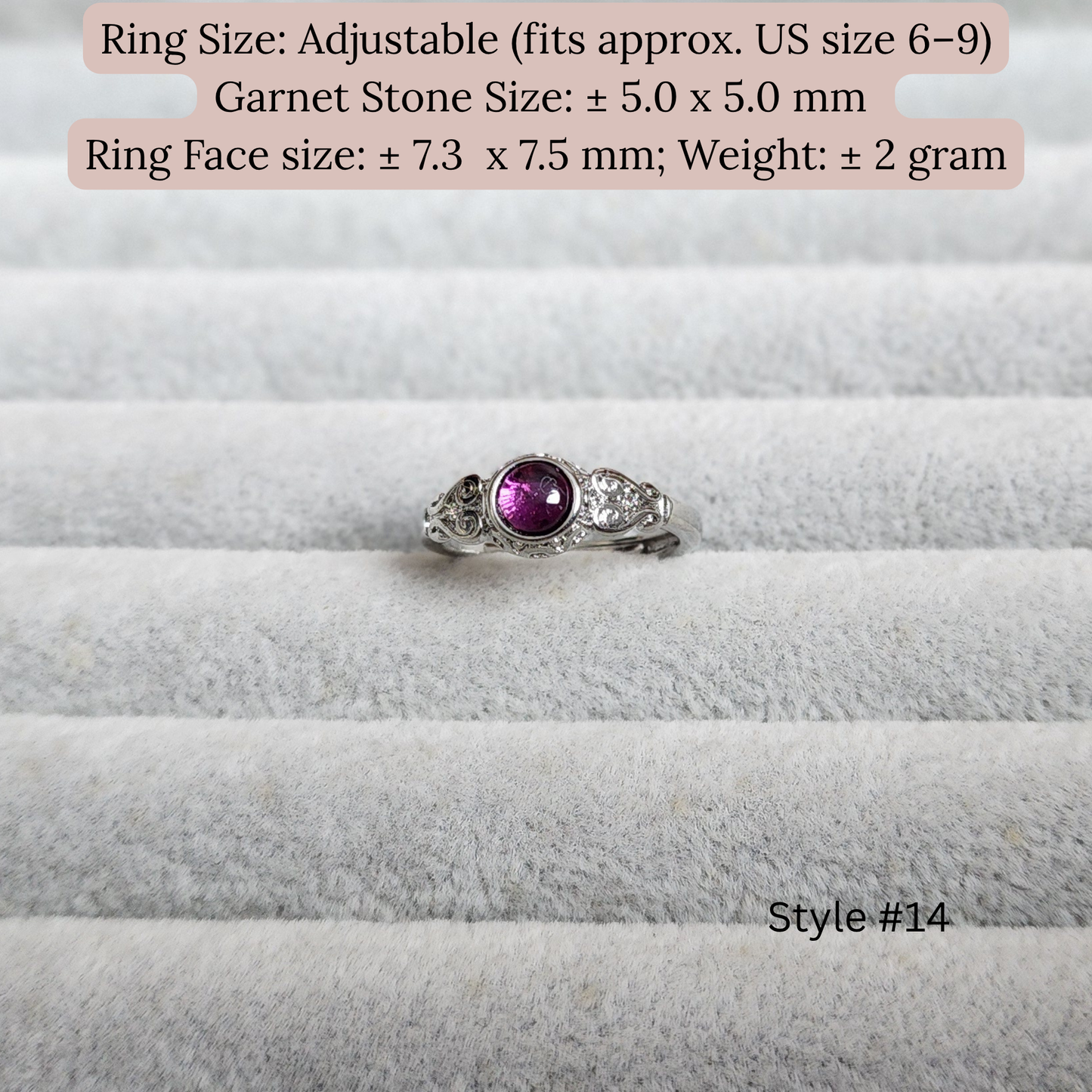 Natural Garnet Adjustable Crystal Ring – Silver Plated Wine Red Gemstone Ring | Energy Jewelry Gift for Women | Cincin Garnet Semula Jadi Boleh Laras