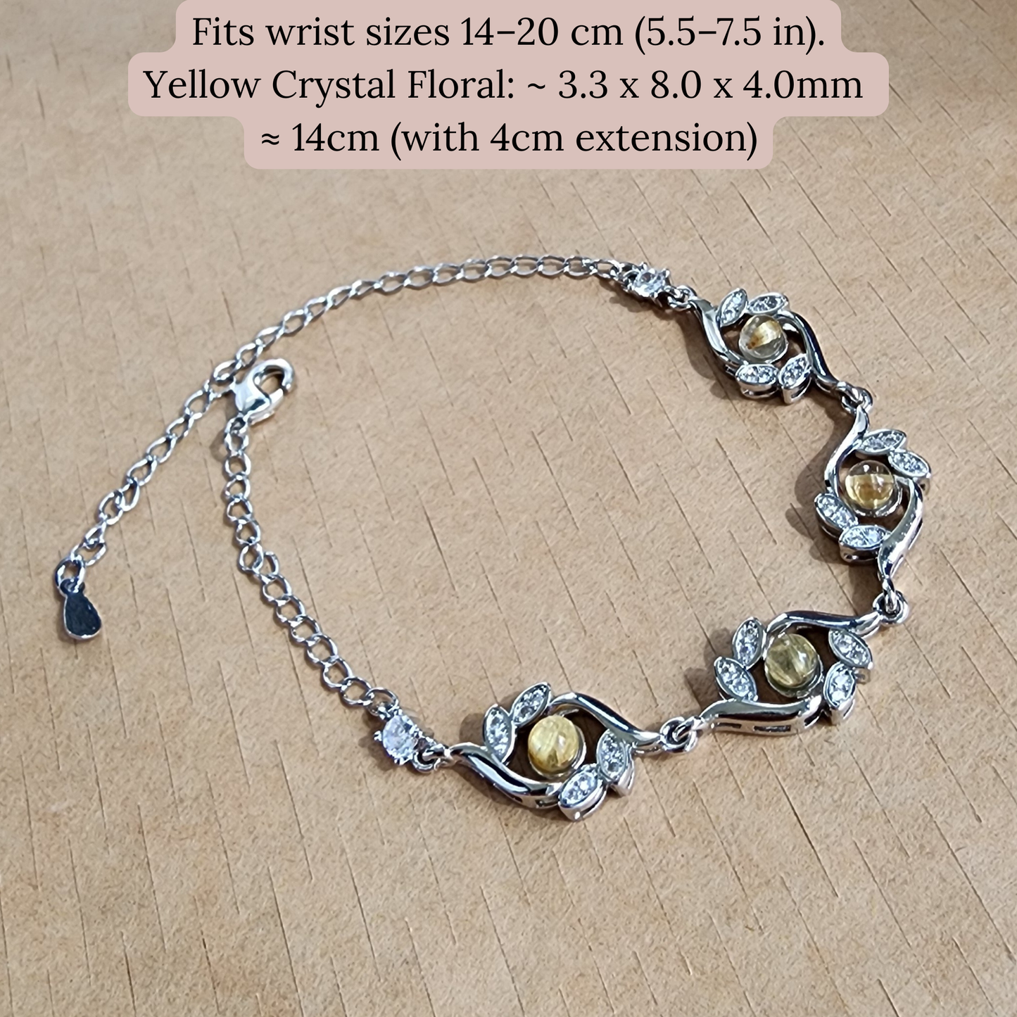 Yellow Rutilated Quartz Floral Bracelet – Adjustable Silver Charm | Gelang Kristal Rutil Kuning Bunga Elegan Hadiah Istimewa