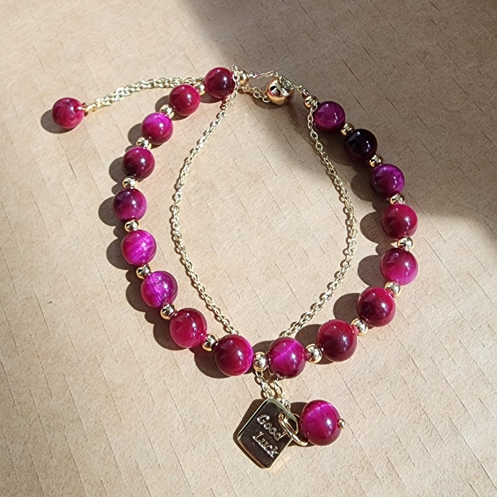 Natural Red Tiger Eye Bracelet (Wang Fu Stone) | Gelang Tiger Eye Merah Semula Jadi | Adjustable Gold Chain | Confidence & Protection Jewelry