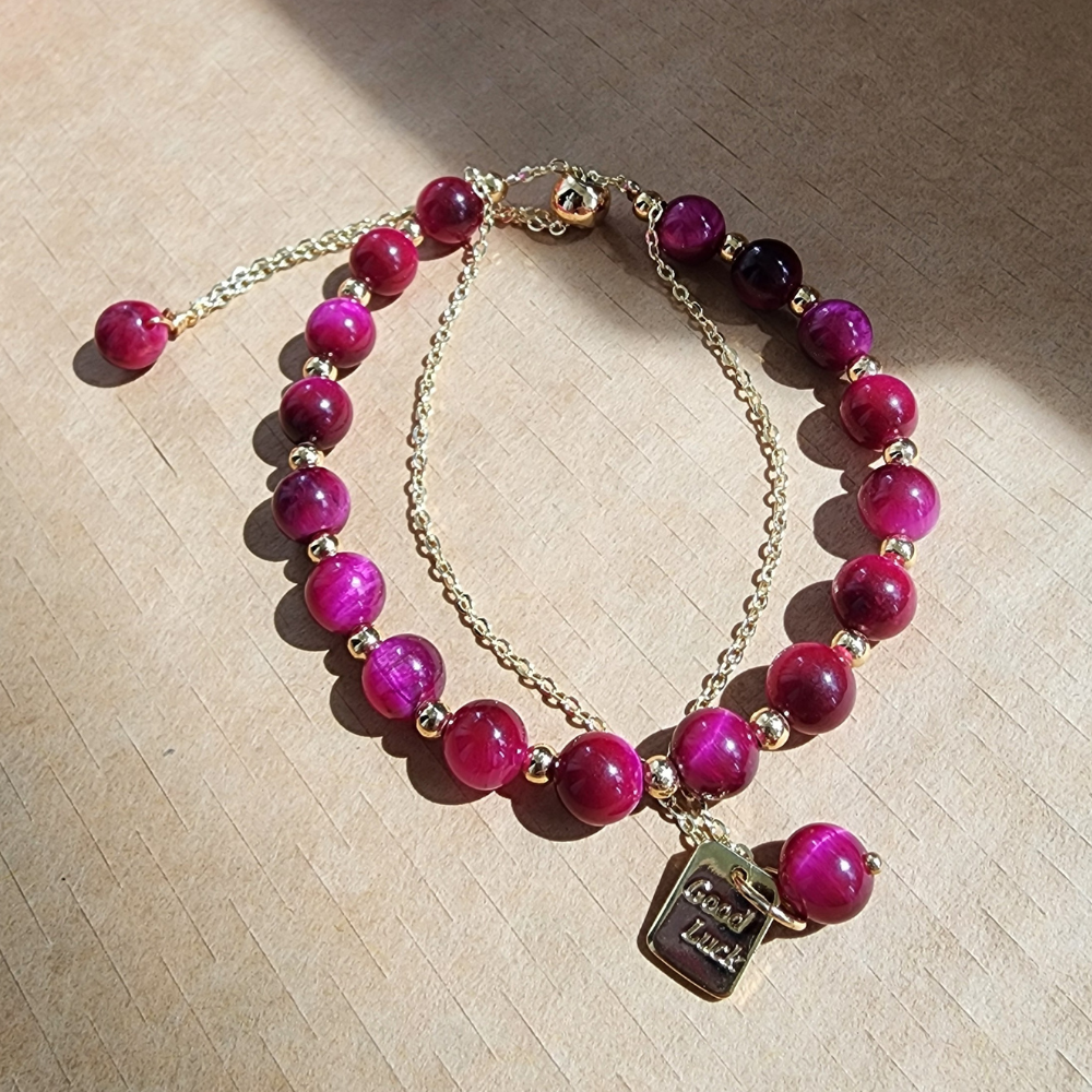 Natural Red Tiger Eye Bracelet (Wang Fu Stone) | Gelang Tiger Eye Merah Semula Jadi | Adjustable Gold Chain | Confidence & Protection Jewelry
