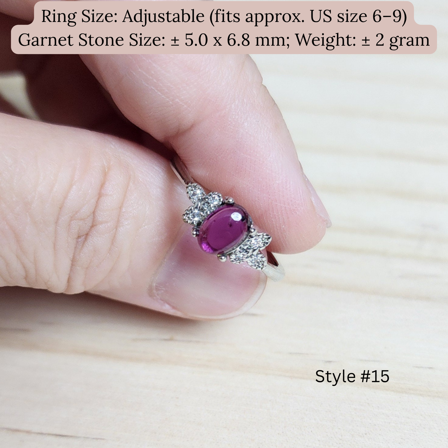 Natural Garnet Adjustable Crystal Ring – Silver Plated Wine Red Gemstone Ring | Energy Jewelry Gift for Women | Cincin Garnet Semula Jadi Boleh Laras
