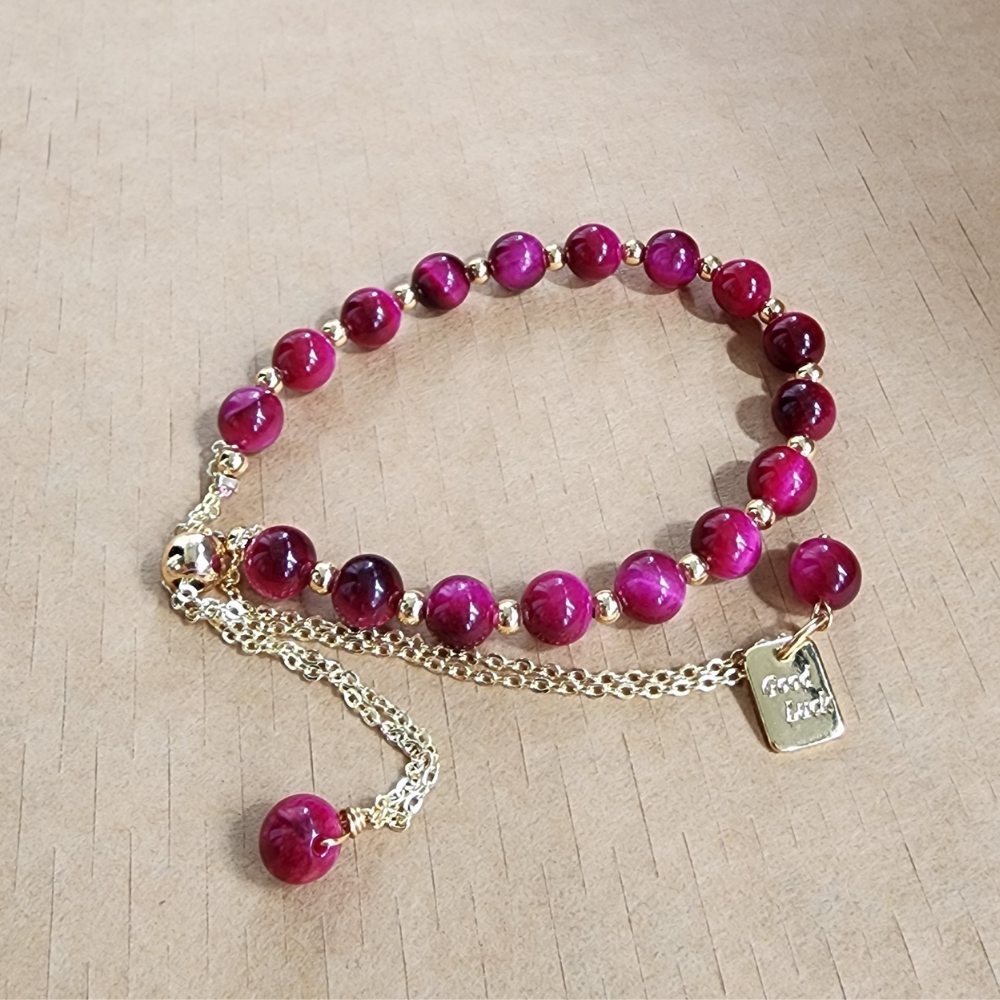 Natural Red Tiger Eye Bracelet (Wang Fu Stone) | Gelang Tiger Eye Merah Semula Jadi | Adjustable Gold Chain | Confidence & Protection Jewelry