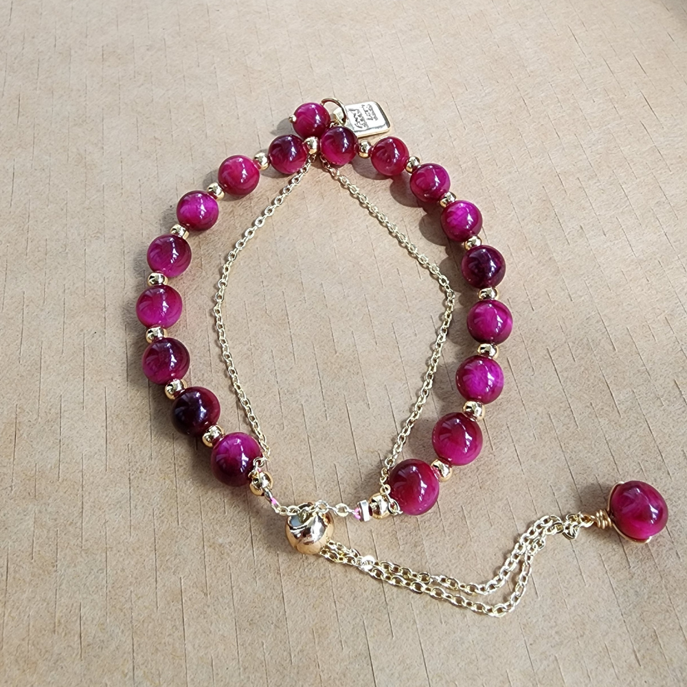 Natural Red Tiger Eye Bracelet (Wang Fu Stone) | Gelang Tiger Eye Merah Semula Jadi | Adjustable Gold Chain | Confidence & Protection Jewelry