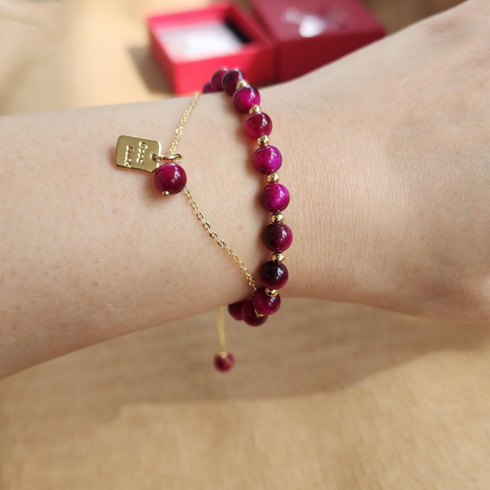Natural Red Tiger Eye Bracelet (Wang Fu Stone) | Gelang Tiger Eye Merah Semula Jadi | Adjustable Gold Chain | Confidence & Protection Jewelry
