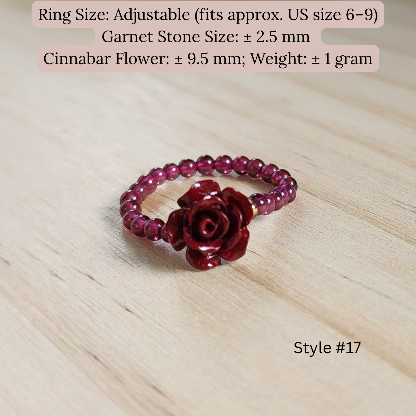 Natural Garnet Adjustable Crystal Ring – Silver Plated Wine Red Gemstone Ring | Energy Jewelry Gift for Women | Cincin Garnet Semula Jadi Boleh Laras