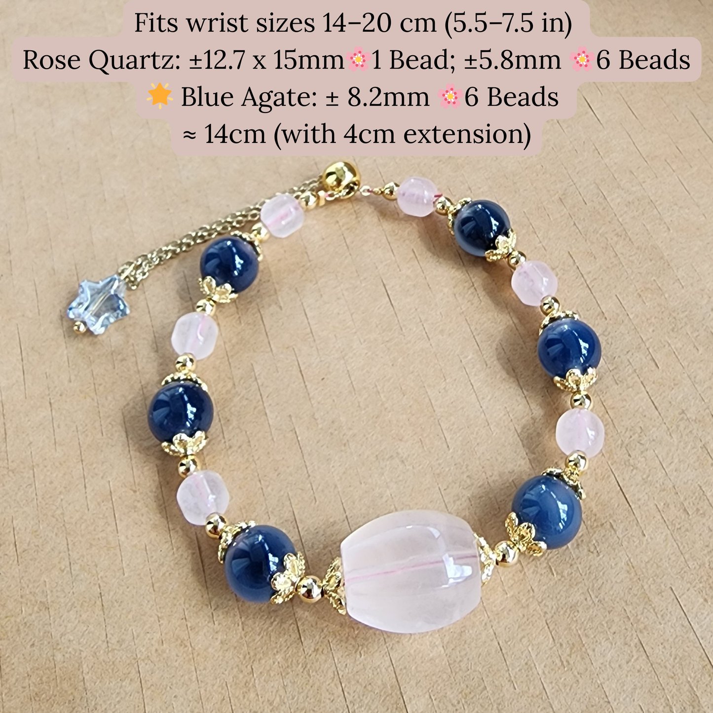 Natural Rose Quartz & Blue Agate Bracelet – handmade love crystal jewelry with elegant pink & blue stones. Gelang Rose Quartz & Blue Agate buatan tangan, elegan & bermakna.