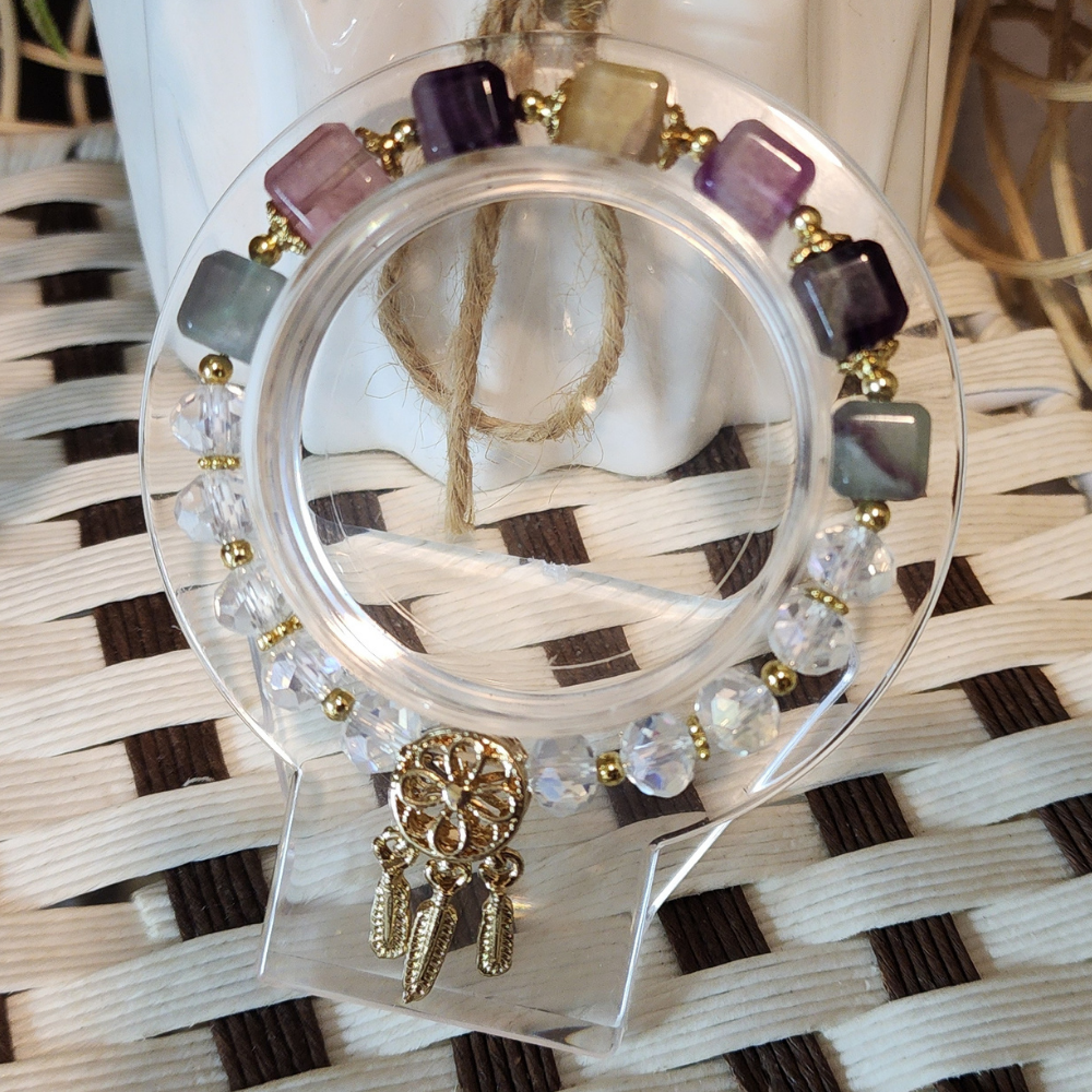 Mystic Glow Natural Fluorite & Glass Bead Bracelet 天然萤石方块与闪耀玻璃珠手链 Gelang Fluorit Semula Jadi Bercahaya dengan Manik Kaca Berkilau