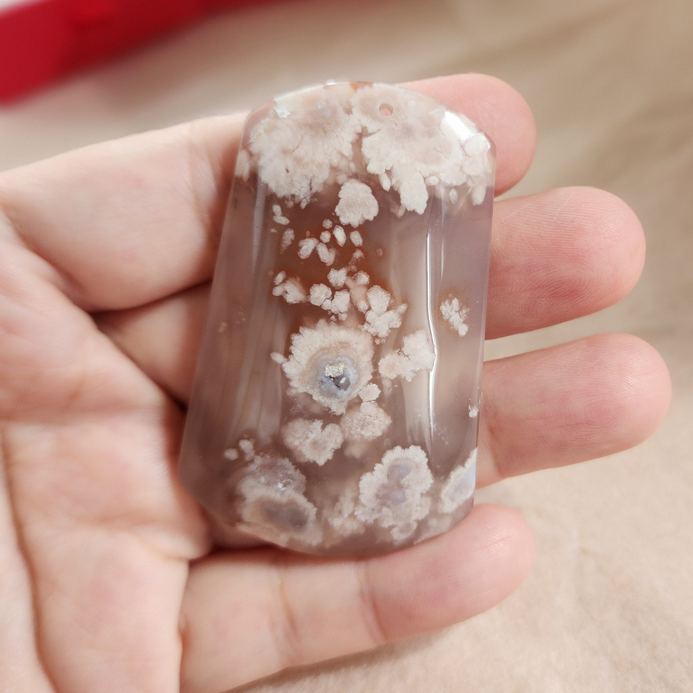 Natural Sakura Agate Pendant | Loket Semula Jadi Sakura Agate | Polished Crystal with Through-Hole for DIY Necklace & Jewelry Making