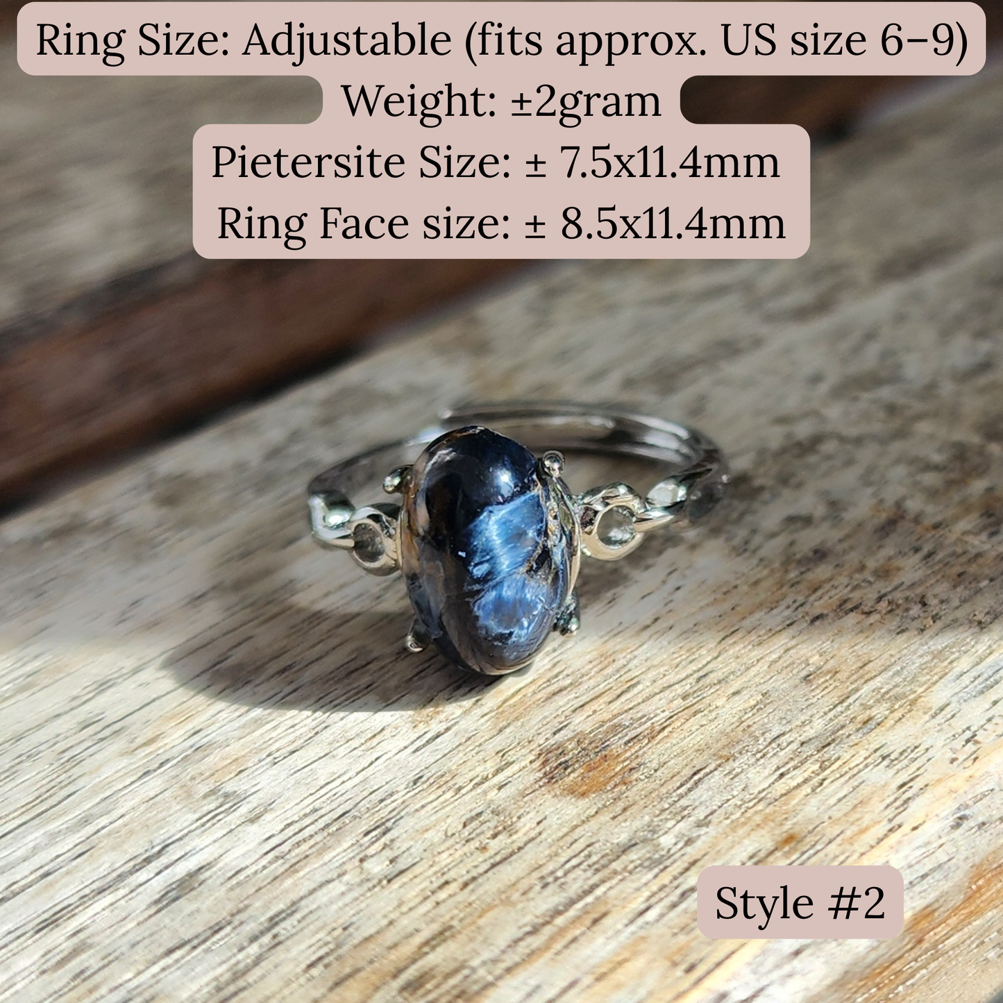 Natural Pietersite adjustable ring with blue-gold storm patterns. Silver-plated design, bold yet elegant statement jewelry | Cincin Pietersite semula jadi boleh laras dengan corak ribut biru keemasan. Reka bentuk bersadur perak, elegan dan moden.