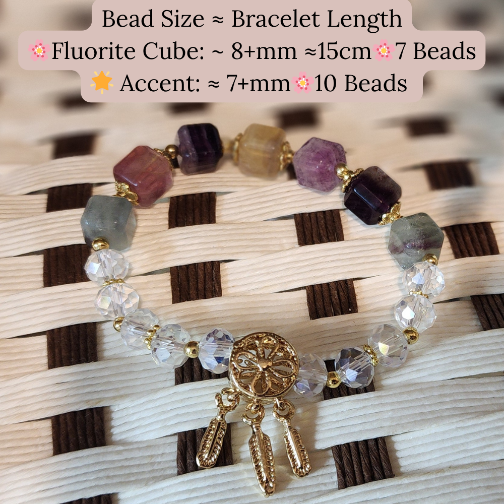 Mystic Glow Natural Fluorite & Glass Bead Bracelet 天然萤石方块与闪耀玻璃珠手链 Gelang Fluorit Semula Jadi Bercahaya dengan Manik Kaca Berkilau