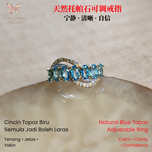 Natural Blue Topaz Adjustable Ring | Silver-Plated Crystal Jewelry | Cincin Topaz Biru Semula Jadi Boleh Laras | Barang Kemas Elegan