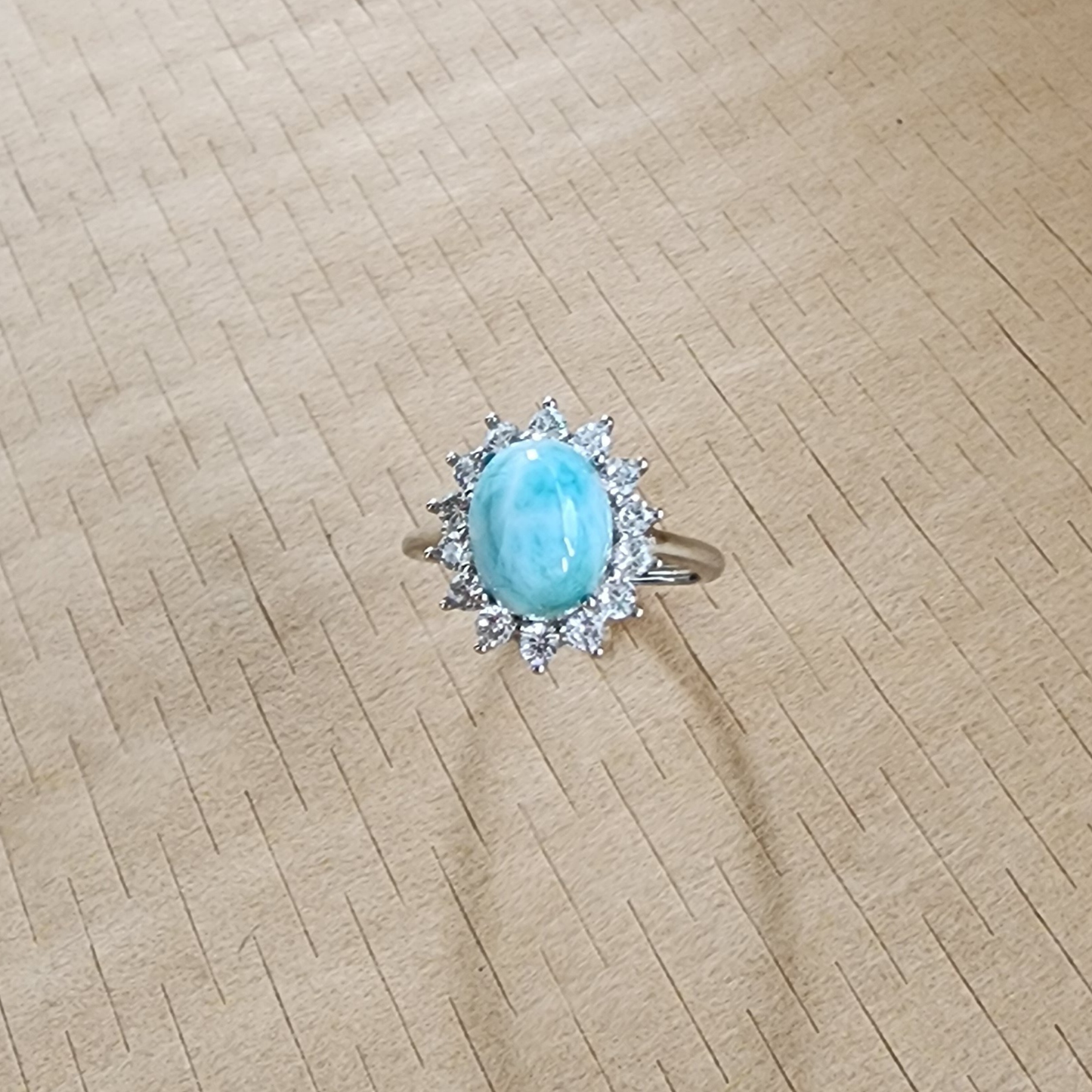 Natural Larimar Silver Plated Adjustable Ring with Zircon | Ocean Blue Healing Stone | Cincin Larimar Semula Jadi Boleh Laras | Batu Laut Biru Menenangkan
