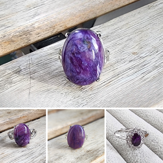 Ruxin's Radiance Collection-Natural Charoite Adjustable Ring – Purple Dragon Stone, Silver-Plated Half Silver | Cincin Charoite Semula Jadi Boleh Laras