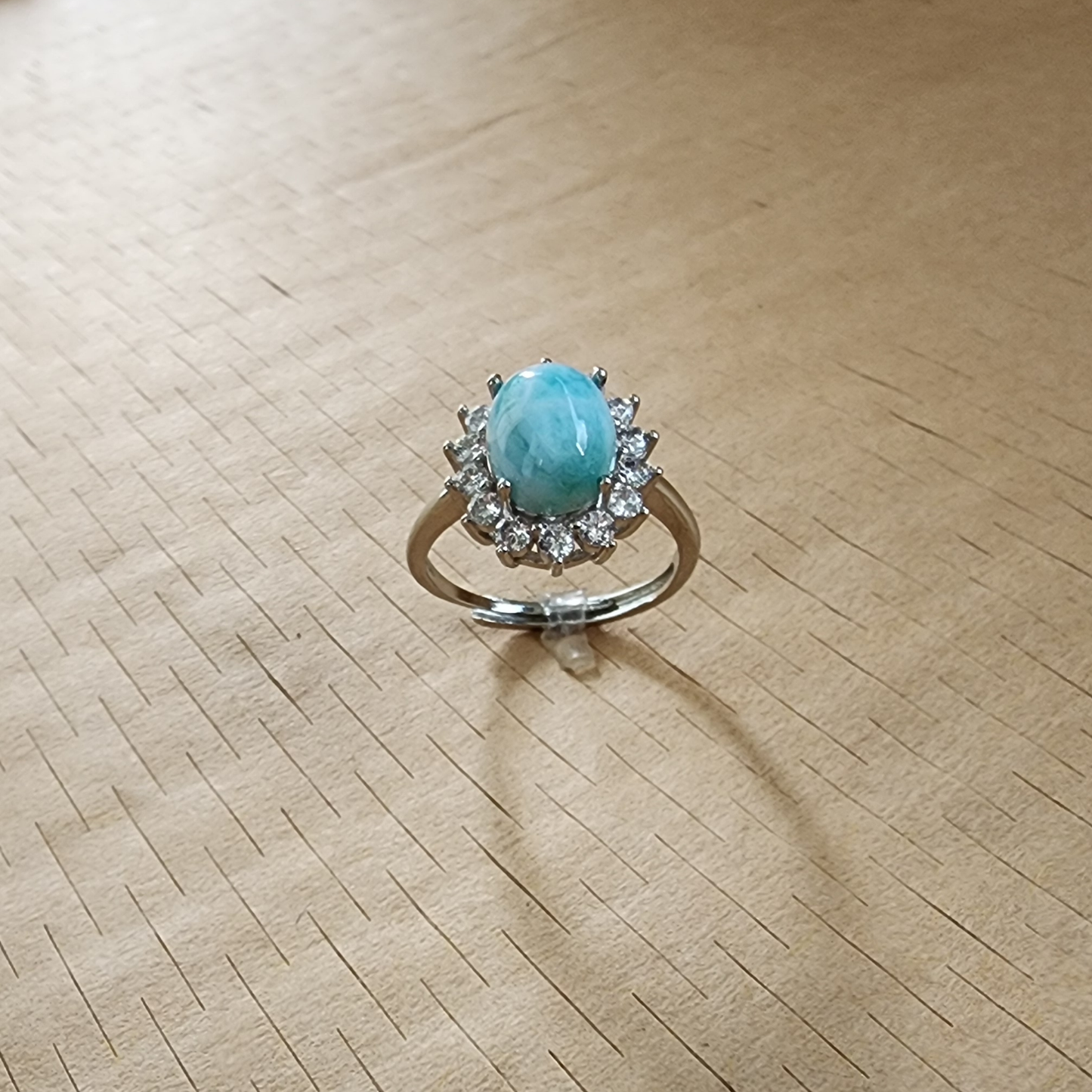 Natural Larimar Silver Plated Adjustable Ring with Zircon | Ocean Blue Healing Stone | Cincin Larimar Semula Jadi Boleh Laras | Batu Laut Biru Menenangkan
