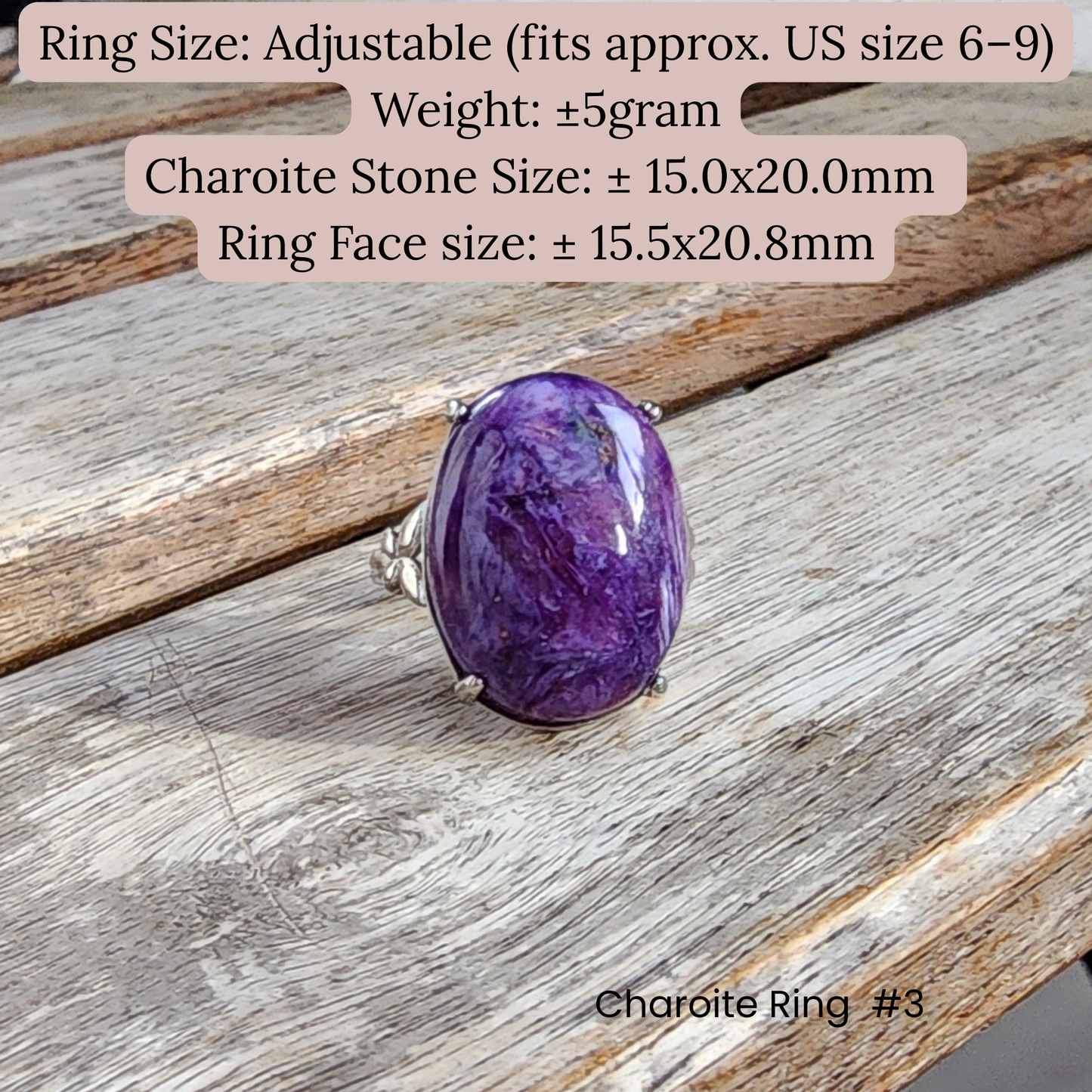 Ruxin's Radiance Collection-Natural Charoite Adjustable Ring – Purple Dragon Stone, Silver-Plated Half Silver | Cincin Charoite Semula Jadi Boleh Laras
