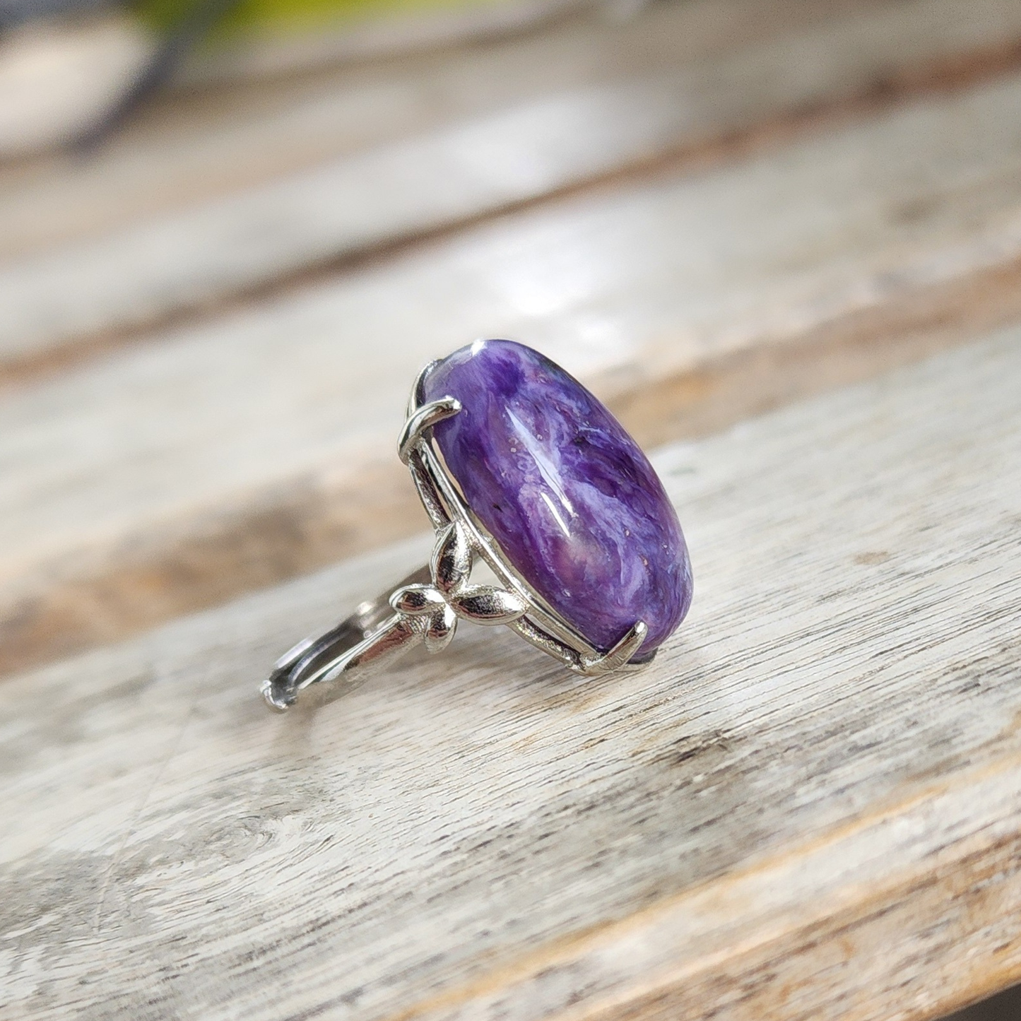 Ruxin's Radiance Collection-Natural Charoite Adjustable Ring – Purple Dragon Stone, Silver-Plated Half Silver | Cincin Charoite Semula Jadi Boleh Laras