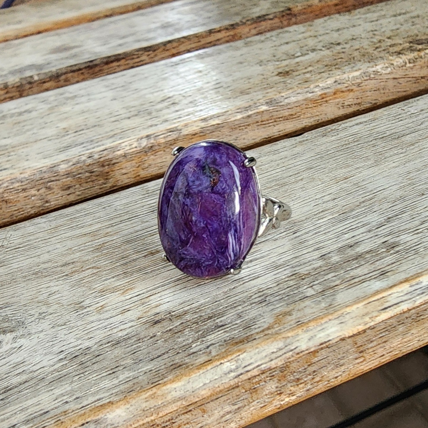 Ruxin's Radiance Collection-Natural Charoite Adjustable Ring – Purple Dragon Stone, Silver-Plated Half Silver | Cincin Charoite Semula Jadi Boleh Laras