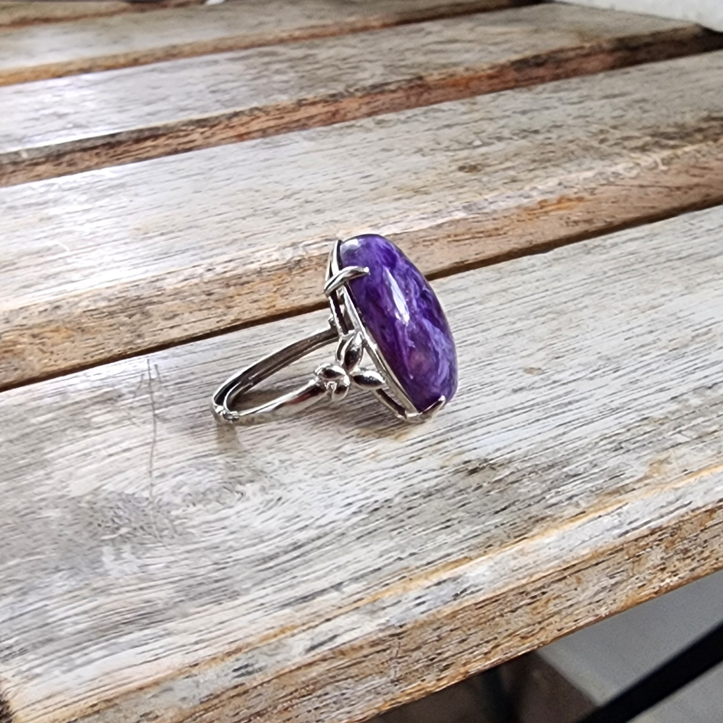 Ruxin's Radiance Collection-Natural Charoite Adjustable Ring – Purple Dragon Stone, Silver-Plated Half Silver | Cincin Charoite Semula Jadi Boleh Laras
