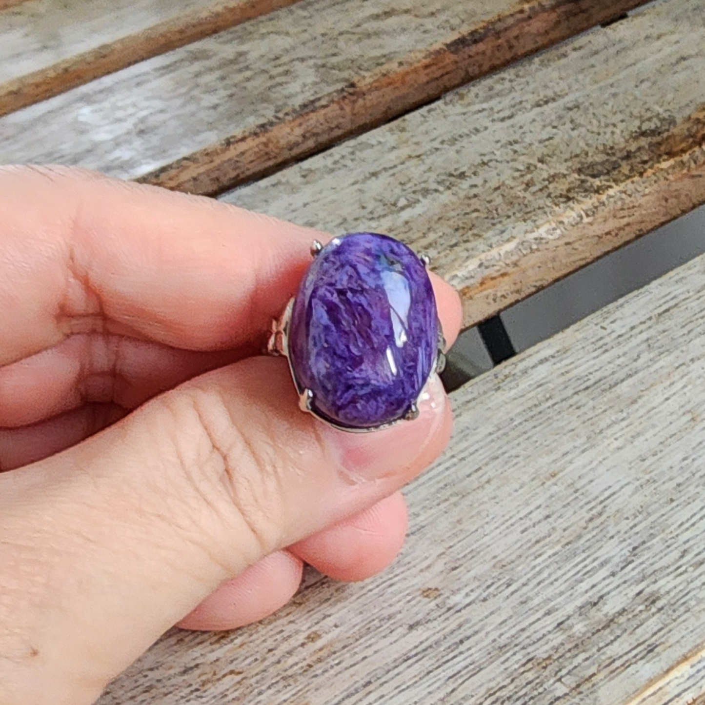 Ruxin's Radiance Collection-Natural Charoite Adjustable Ring – Purple Dragon Stone, Silver-Plated Half Silver | Cincin Charoite Semula Jadi Boleh Laras