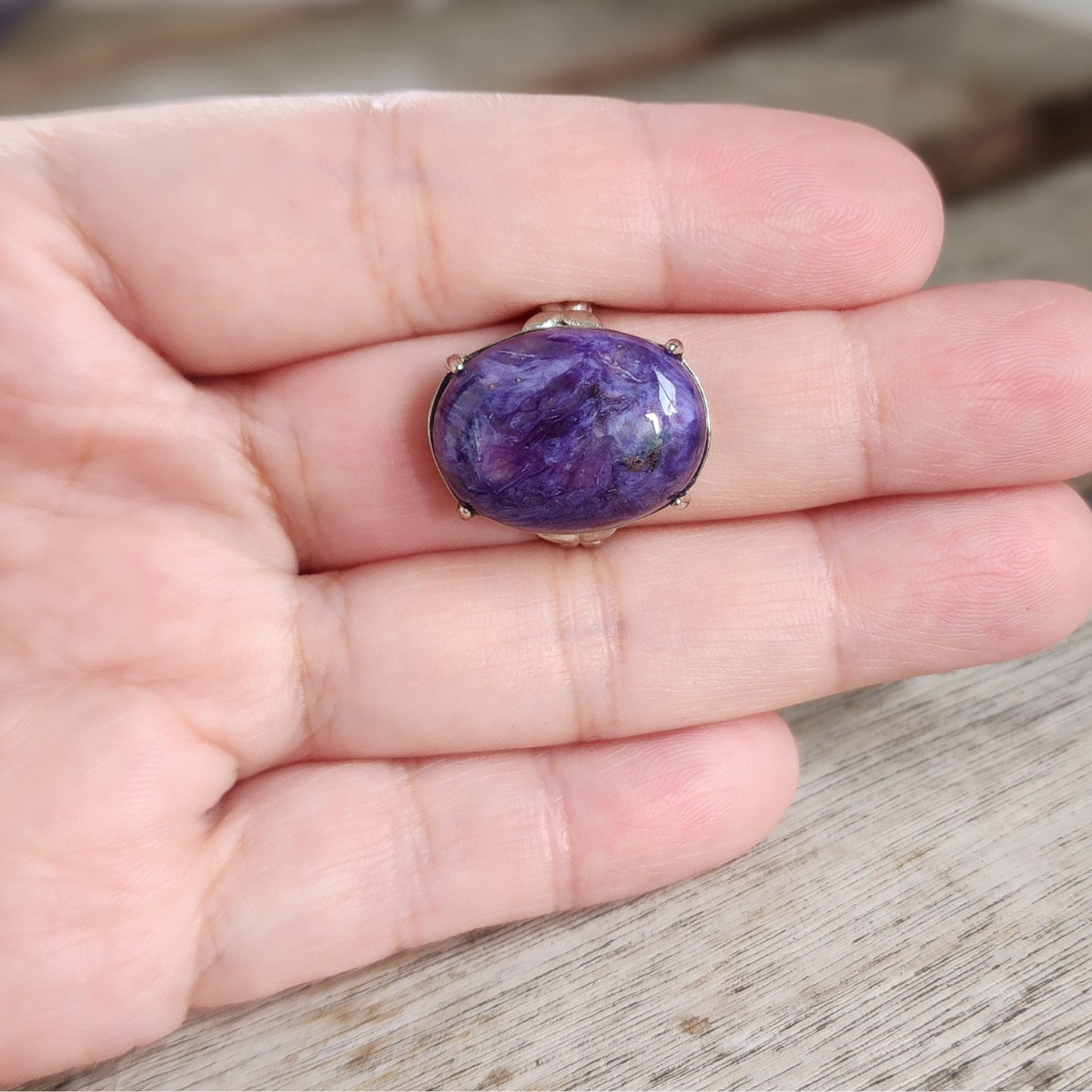 Ruxin's Radiance Collection-Natural Charoite Adjustable Ring – Purple Dragon Stone, Silver-Plated Half Silver | Cincin Charoite Semula Jadi Boleh Laras