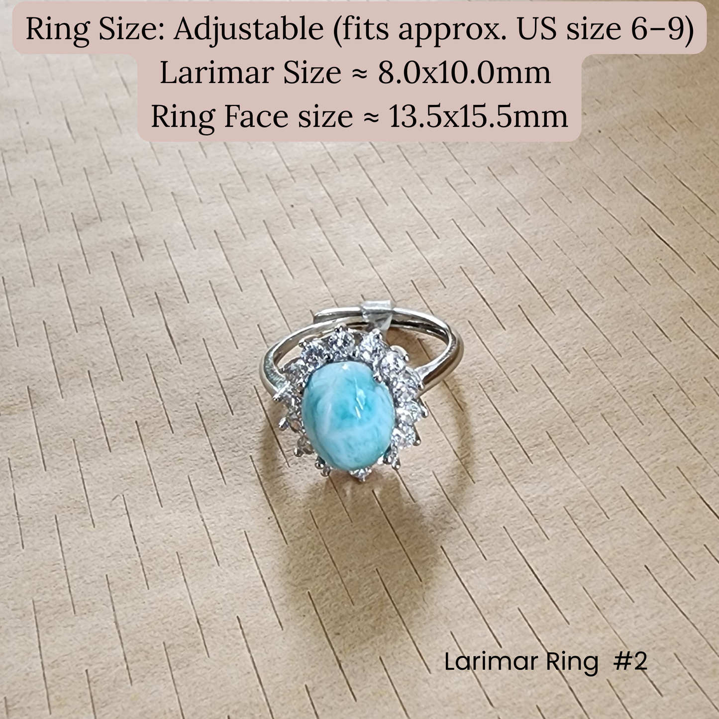 Natural Larimar Silver Plated Adjustable Ring with Zircon | Ocean Blue Healing Stone | Cincin Larimar Semula Jadi Boleh Laras | Batu Laut Biru Menenangkan
