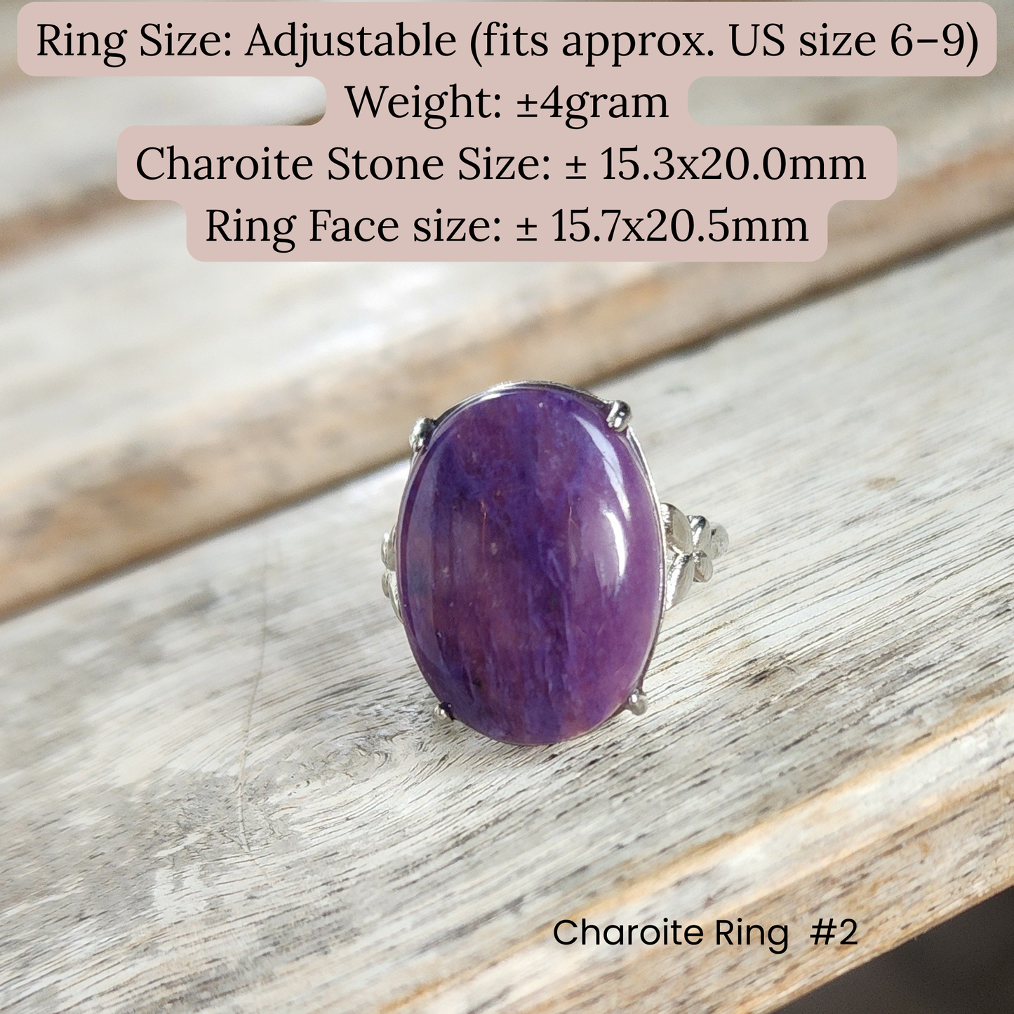 Ruxin's Radiance Collection-Natural Charoite Adjustable Ring – Purple Dragon Stone, Silver-Plated Half Silver | Cincin Charoite Semula Jadi Boleh Laras