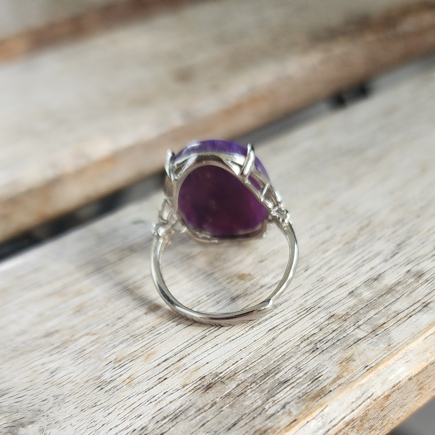 Ruxin's Radiance Collection-Natural Charoite Adjustable Ring – Purple Dragon Stone, Silver-Plated Half Silver | Cincin Charoite Semula Jadi Boleh Laras