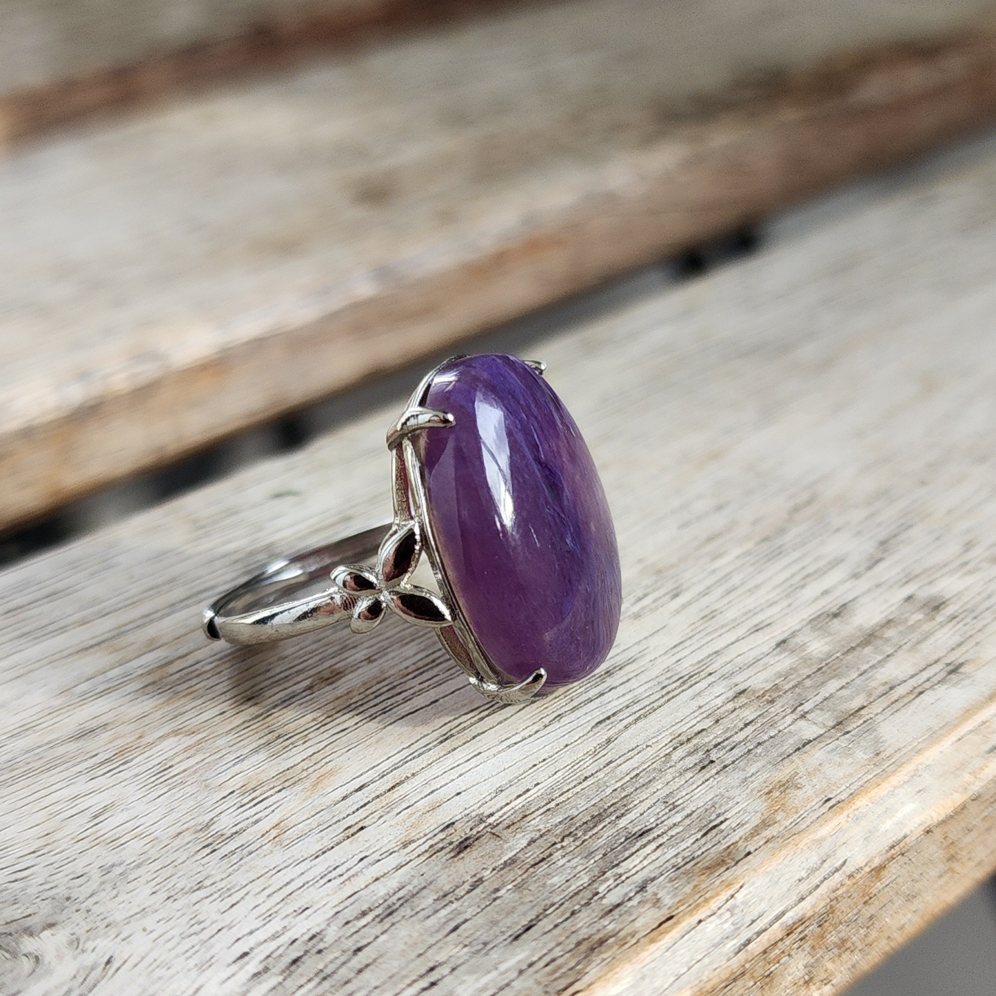 Ruxin's Radiance Collection-Natural Charoite Adjustable Ring – Purple Dragon Stone, Silver-Plated Half Silver | Cincin Charoite Semula Jadi Boleh Laras