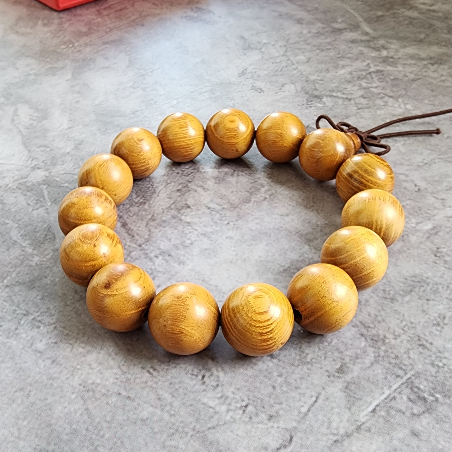 Natural Golden Wood Bead Bracelet | Handmade Wooden Prayer Beads Gelang Kayu Meditasi Boleh Laras Uniseks
