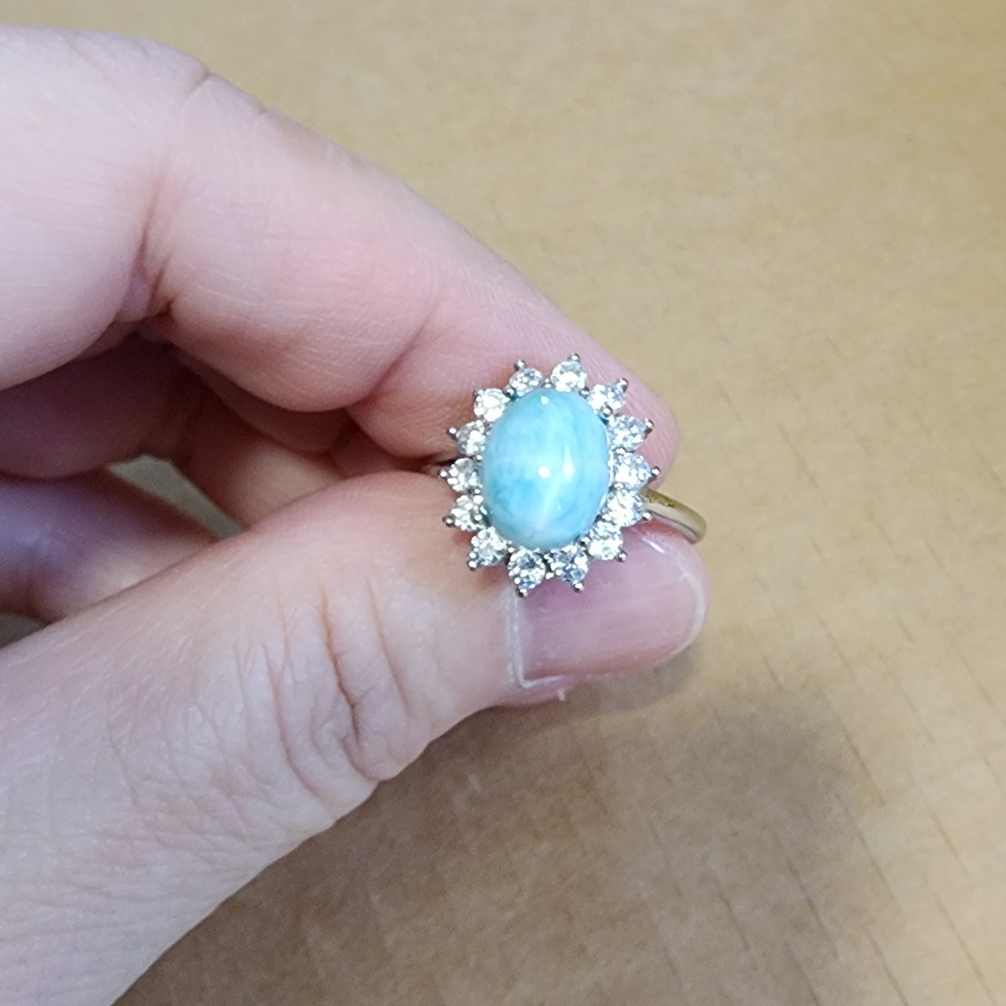 Natural Larimar Silver Plated Adjustable Ring with Zircon | Ocean Blue Healing Stone | Cincin Larimar Semula Jadi Boleh Laras | Batu Laut Biru Menenangkan