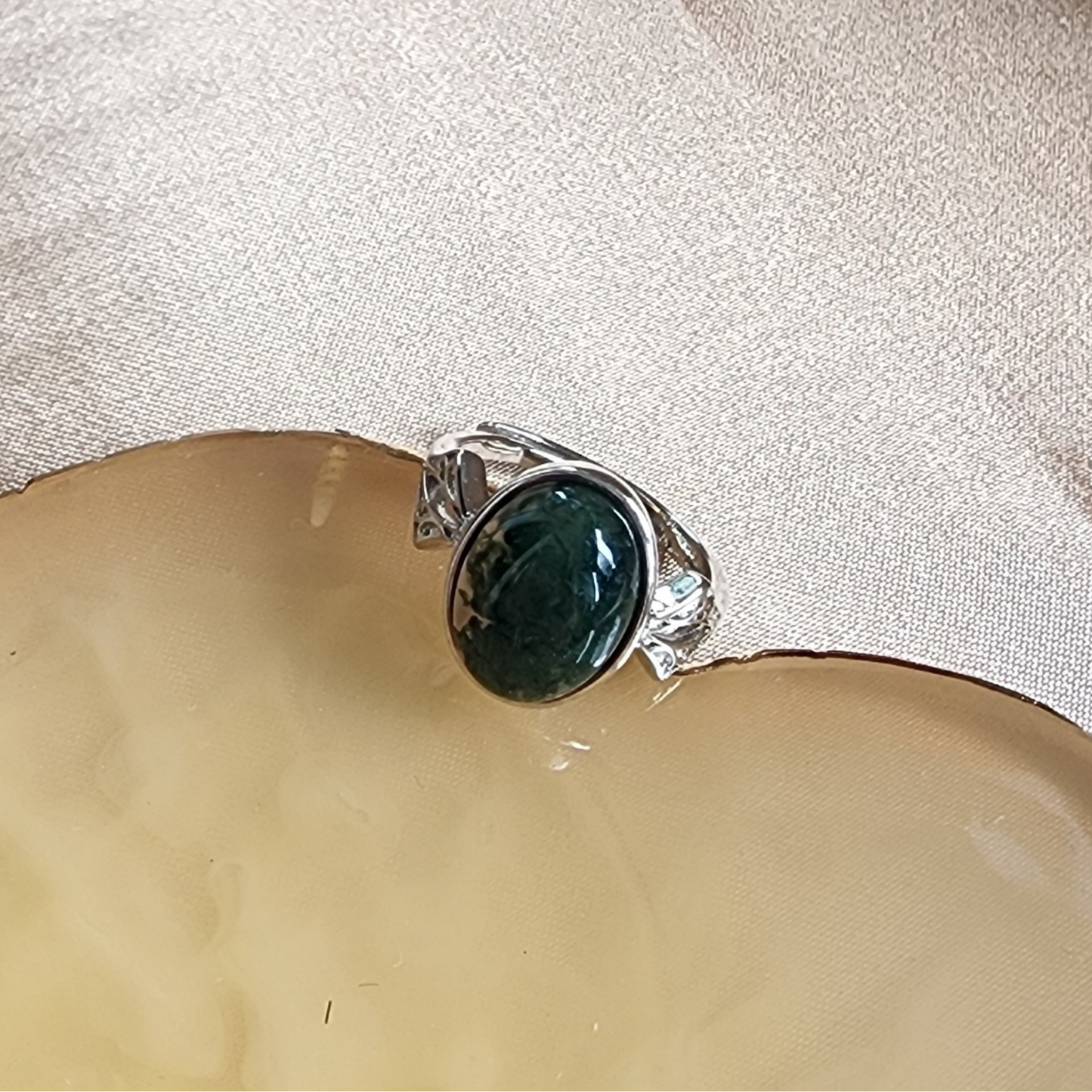 Natural Moss Agate Adjustable Ring | Silver-Plated Vintage Crystal Jewelry | Malay Cincin Moss Agate Semula Jadi Boleh Laras | Barang Kemas Gaya Vintaj