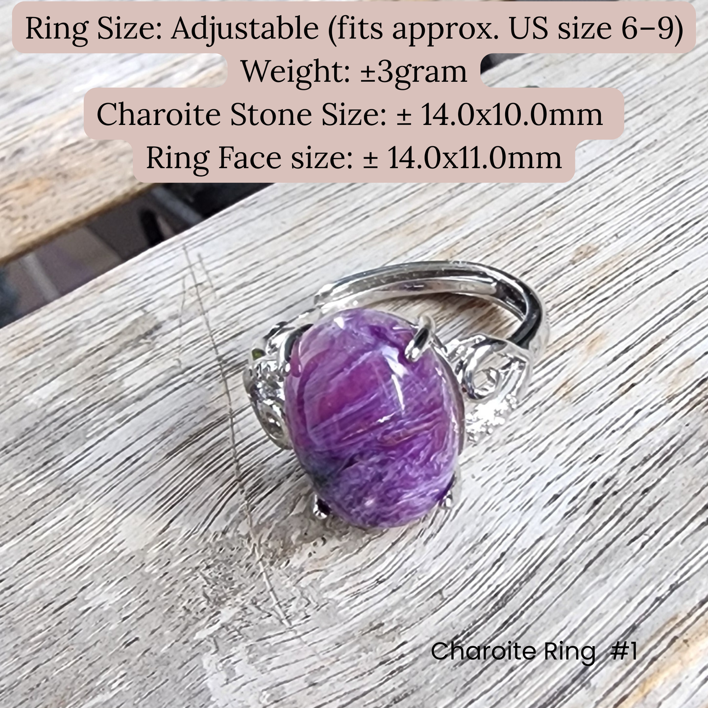 Ruxin's Radiance Collection-Natural Charoite Adjustable Ring – Purple Dragon Stone, Silver-Plated Half Silver | Cincin Charoite Semula Jadi Boleh Laras