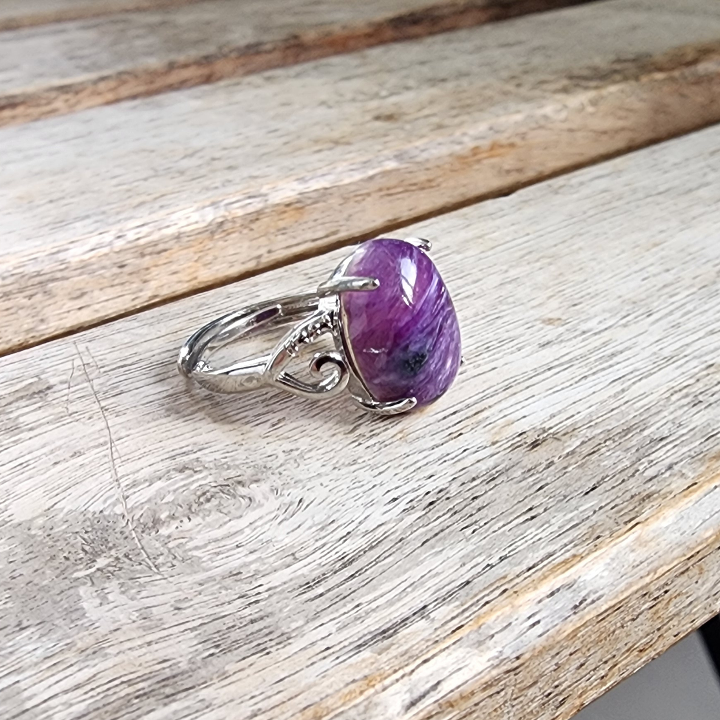 Ruxin's Radiance Collection-Natural Charoite Adjustable Ring – Purple Dragon Stone, Silver-Plated Half Silver | Cincin Charoite Semula Jadi Boleh Laras