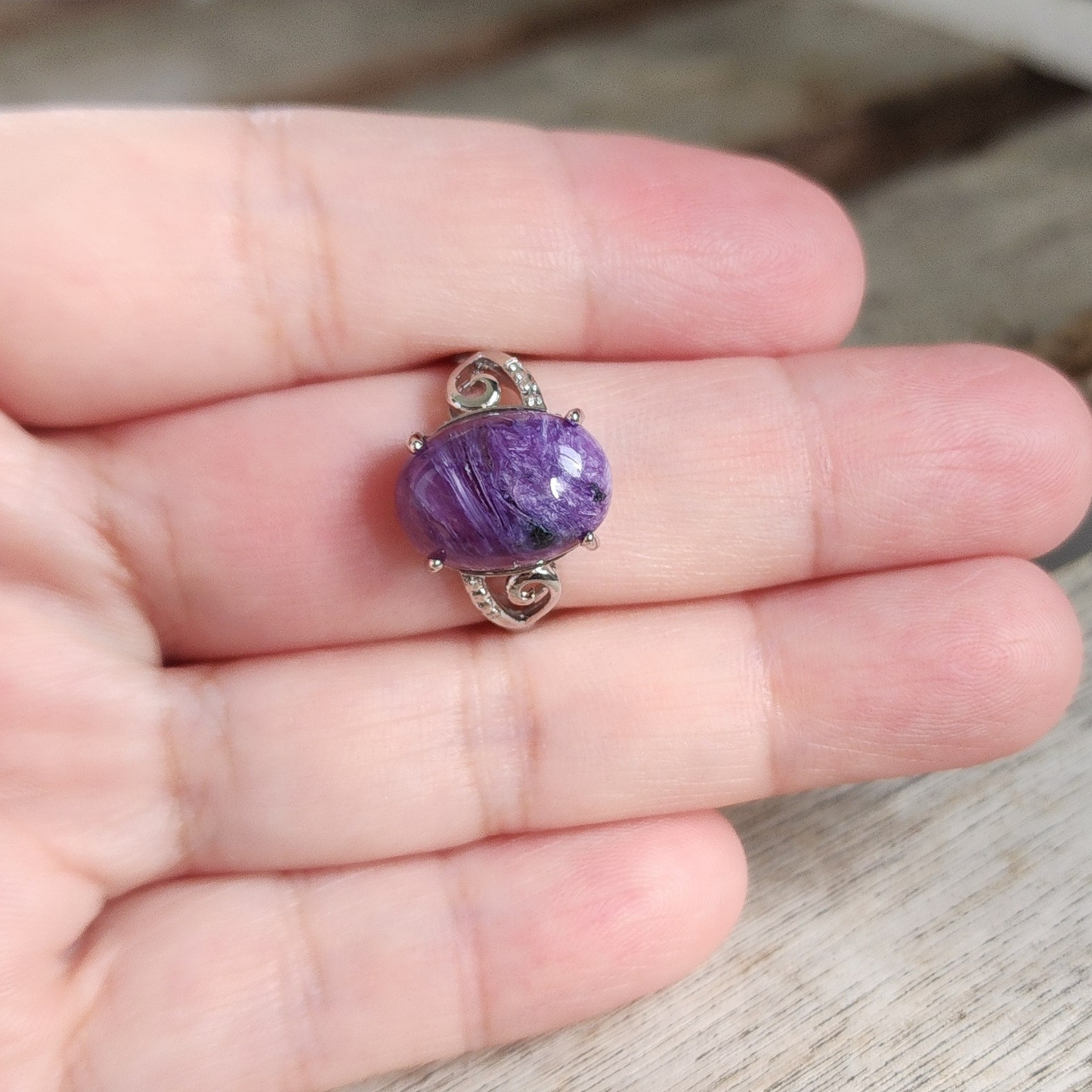 Ruxin's Radiance Collection-Natural Charoite Adjustable Ring – Purple Dragon Stone, Silver-Plated Half Silver | Cincin Charoite Semula Jadi Boleh Laras