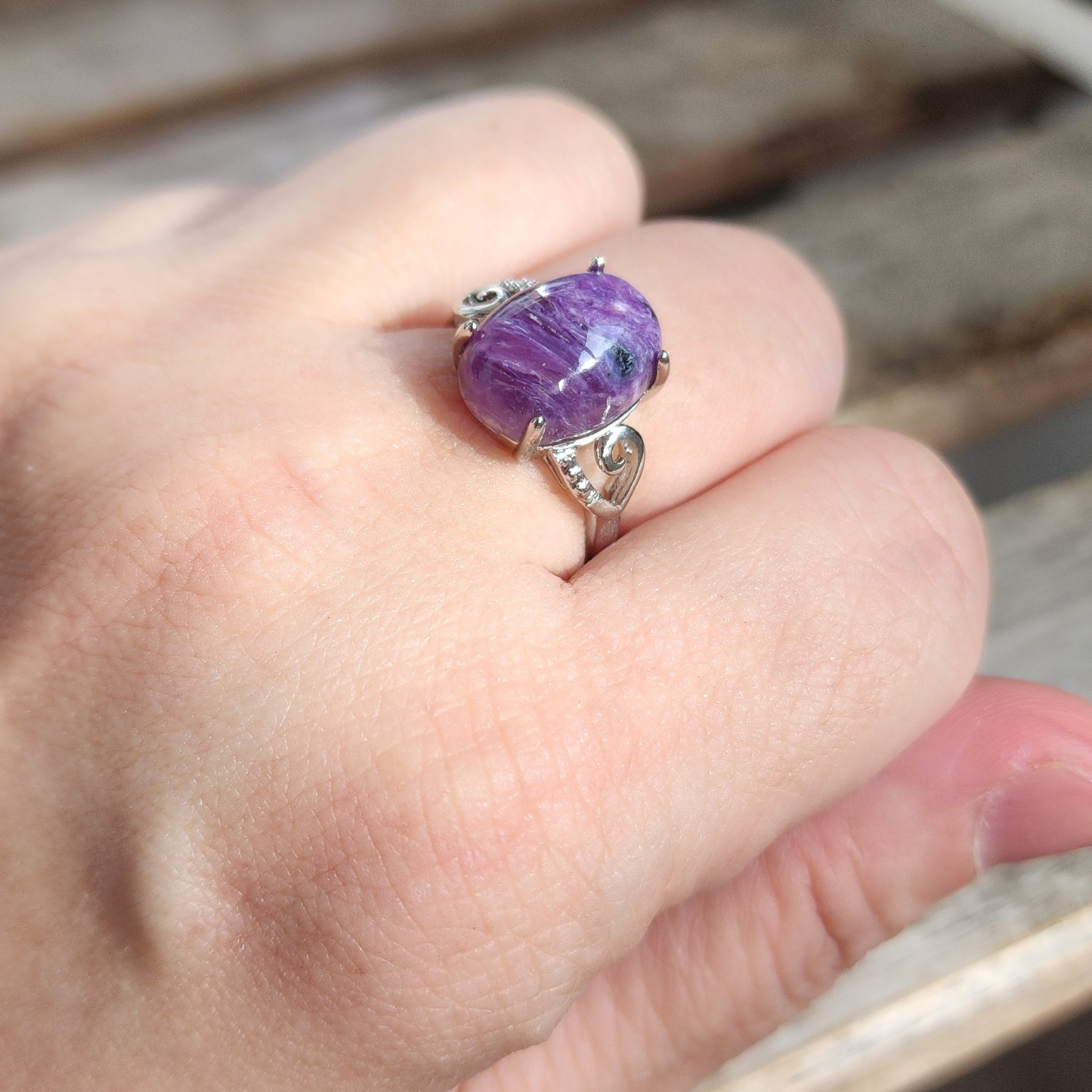 Ruxin's Radiance Collection-Natural Charoite Adjustable Ring – Purple Dragon Stone, Silver-Plated Half Silver | Cincin Charoite Semula Jadi Boleh Laras