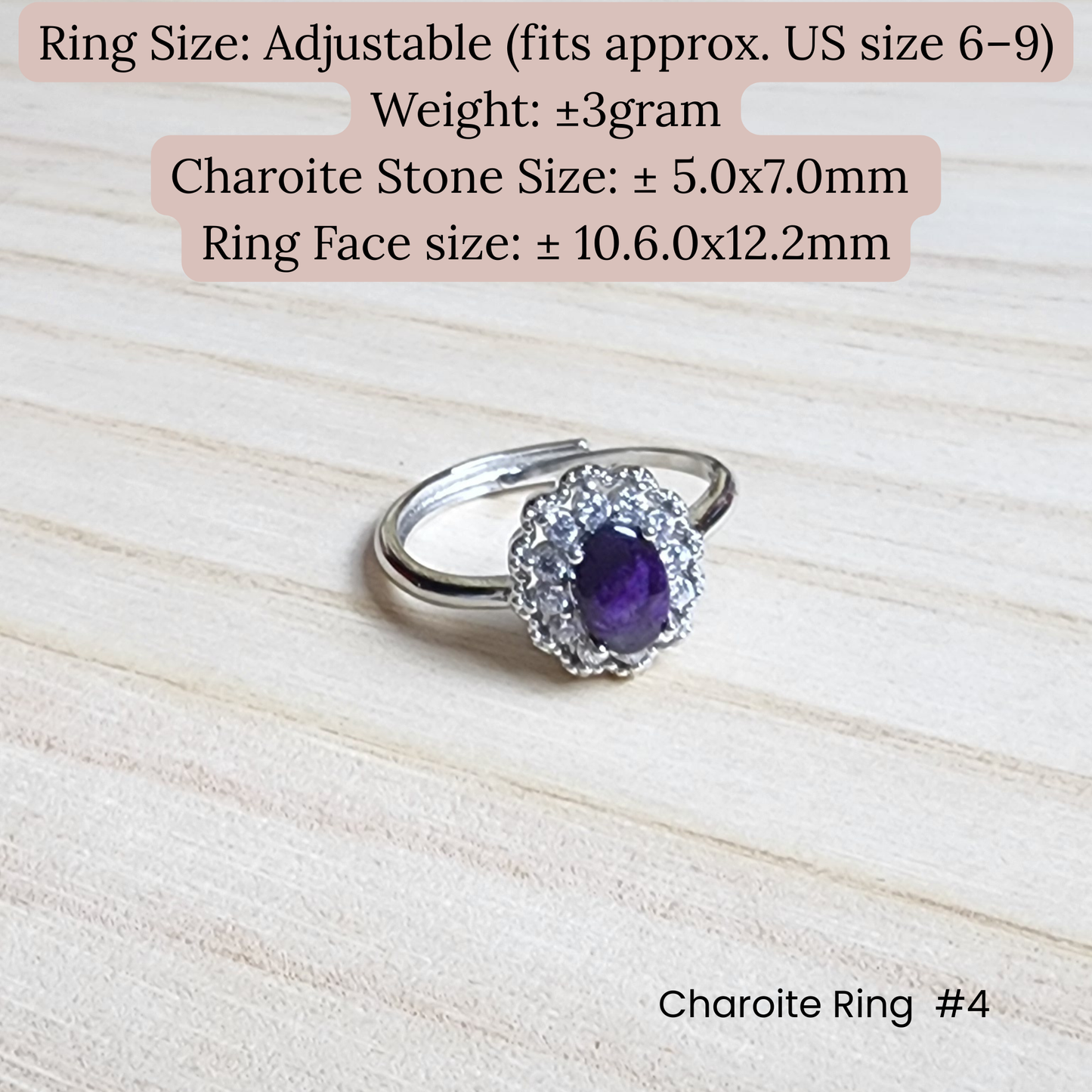 Ruxin's Radiance Collection-Natural Charoite Adjustable Ring – Purple Dragon Stone, Silver-Plated Half Silver | Cincin Charoite Semula Jadi Boleh Laras