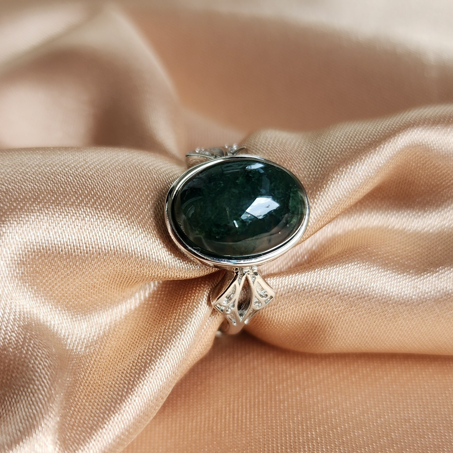 Natural Moss Agate Adjustable Ring | Silver-Plated Vintage Crystal Jewelry | Malay Cincin Moss Agate Semula Jadi Boleh Laras | Barang Kemas Gaya Vintaj