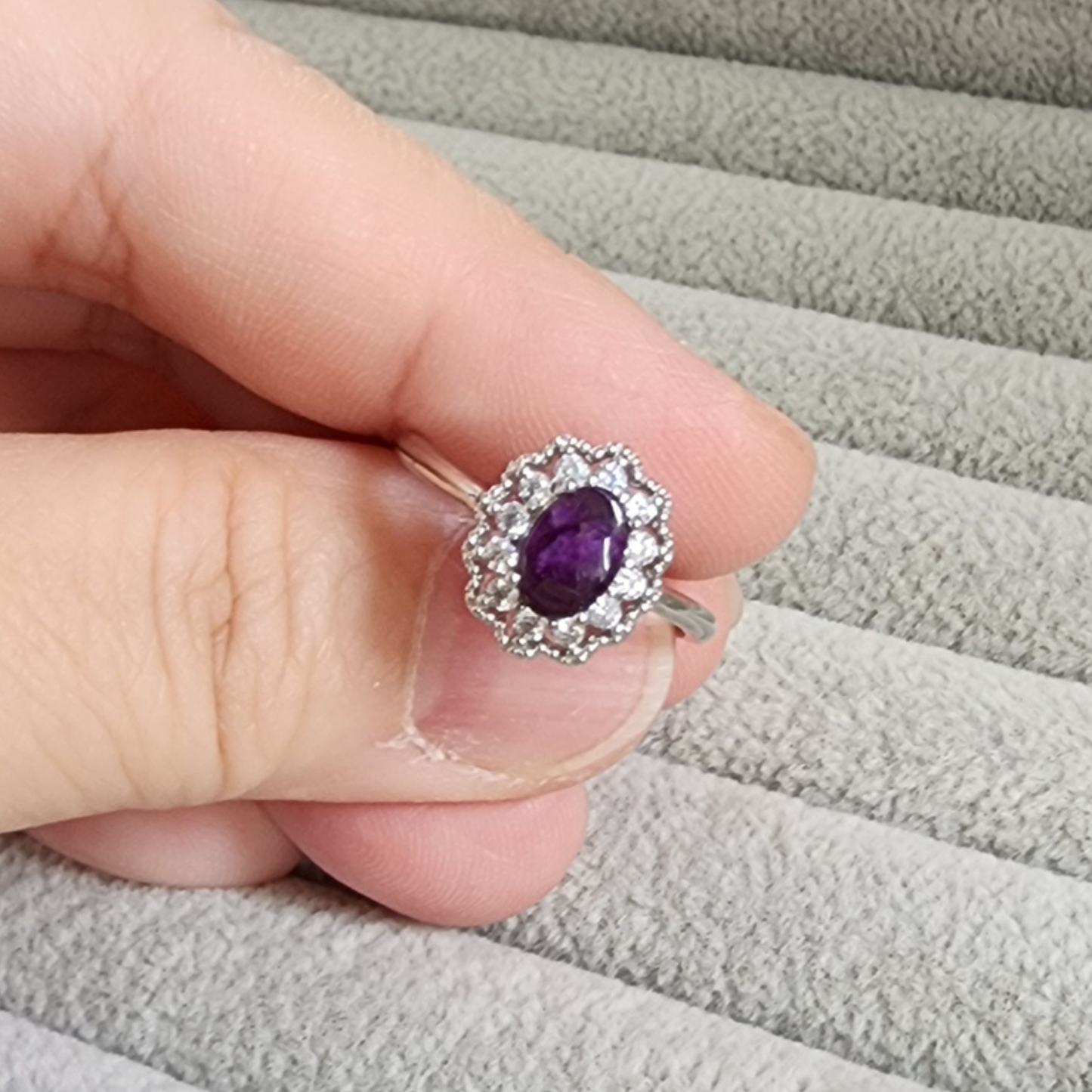 Ruxin's Radiance Collection-Natural Charoite Adjustable Ring – Purple Dragon Stone, Silver-Plated Half Silver | Cincin Charoite Semula Jadi Boleh Laras