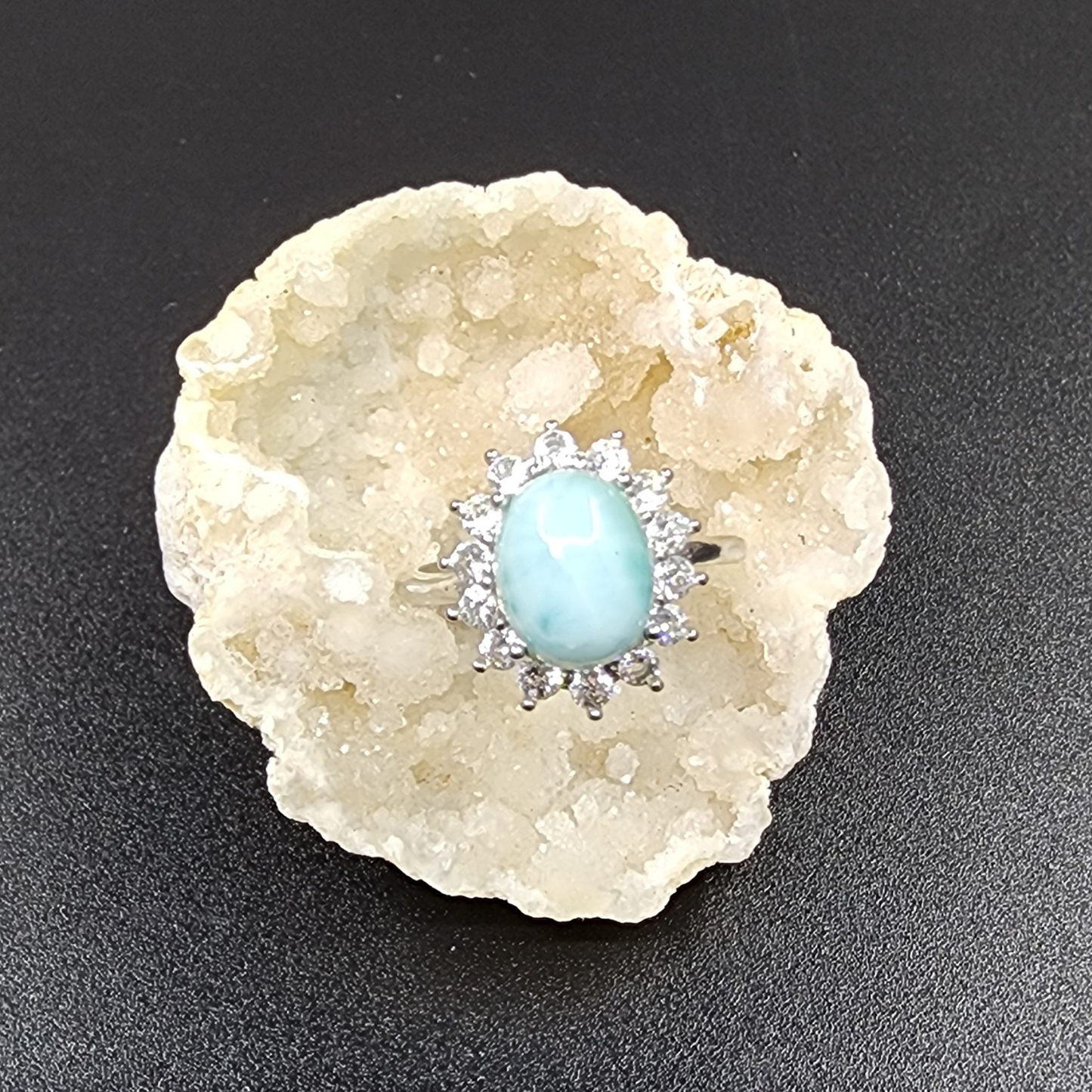 Natural Larimar Silver Plated Adjustable Ring with Zircon | Ocean Blue Healing Stone | Cincin Larimar Semula Jadi Boleh Laras | Batu Laut Biru Menenangkan