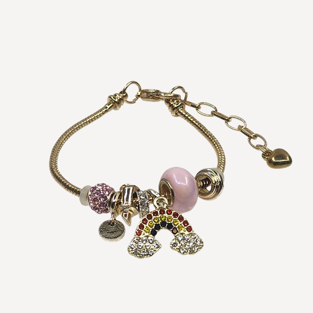 Ruxin Radiance Handmade Luminous Rainbow Crystal Charm Bracelet-Gold & Pink Elegance 璀璨显白彩虹水晶串珠手链-金粉奢华 Gelang Kristal Pelangi Mewah Merah Jambu